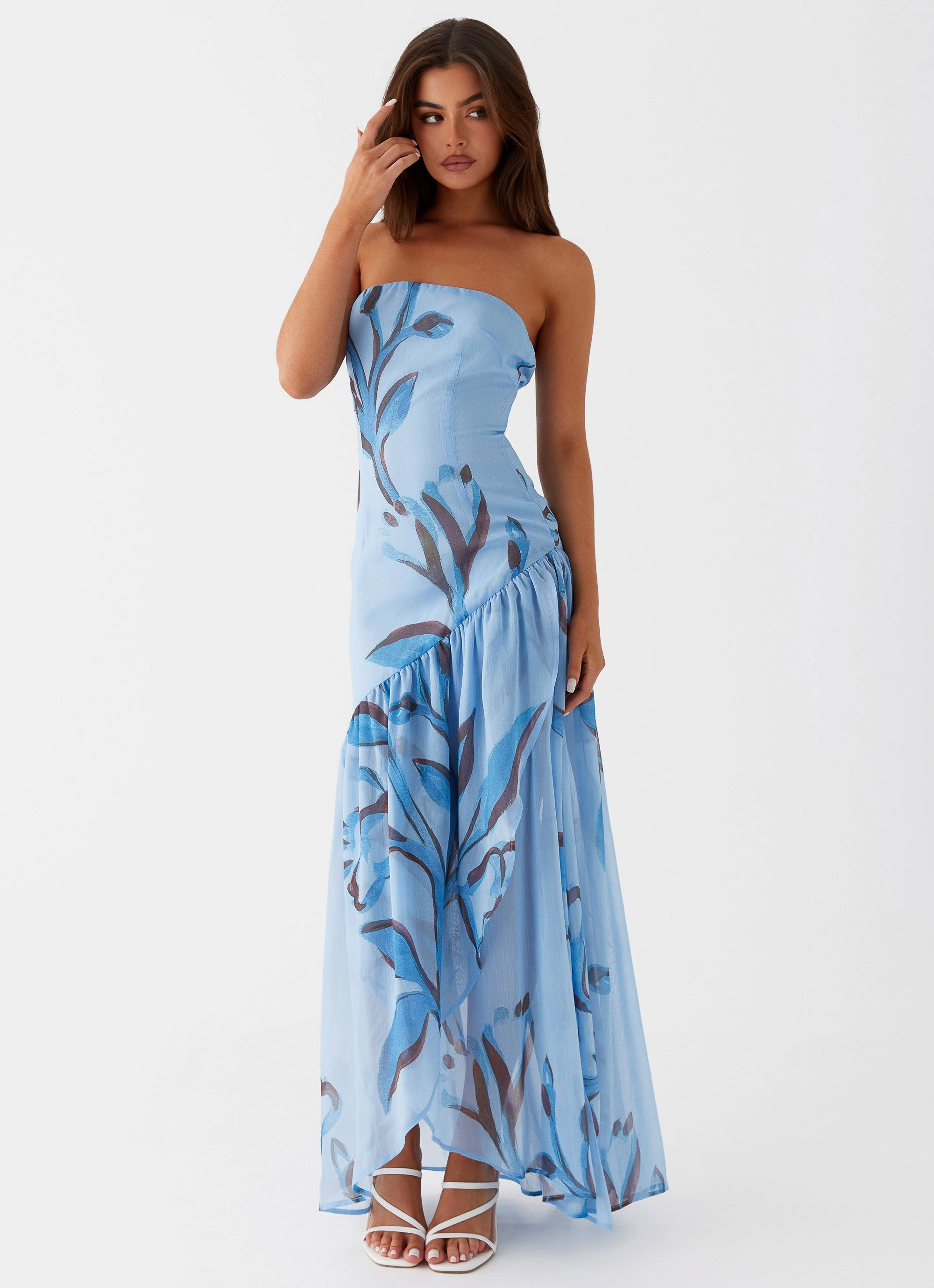 Solaris Strapless Maxi Dress - Blue Floral Relax Draping