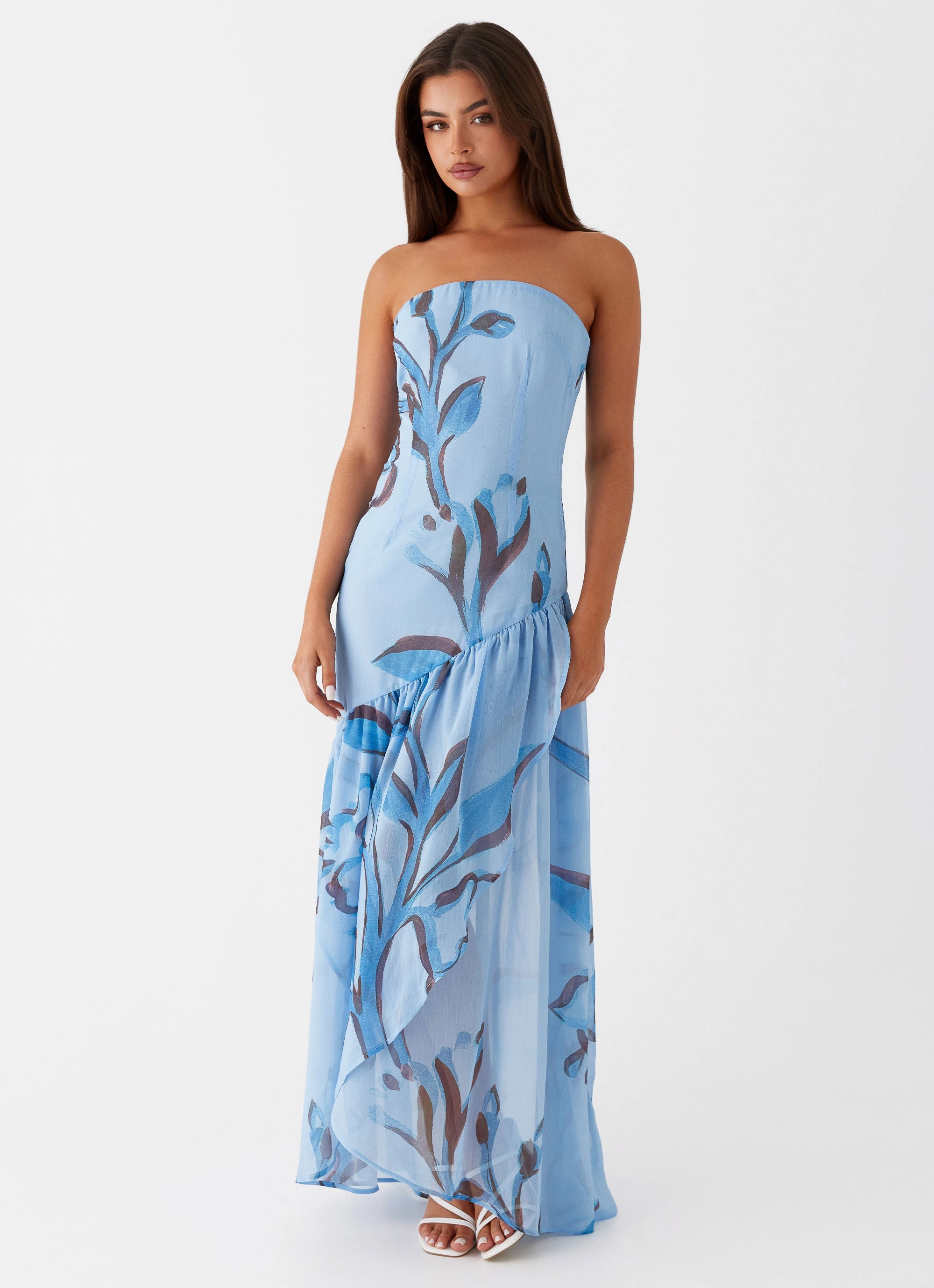 Ethically-Made Office Cool Solaris Strapless Maxi Dress - Blue Floral
