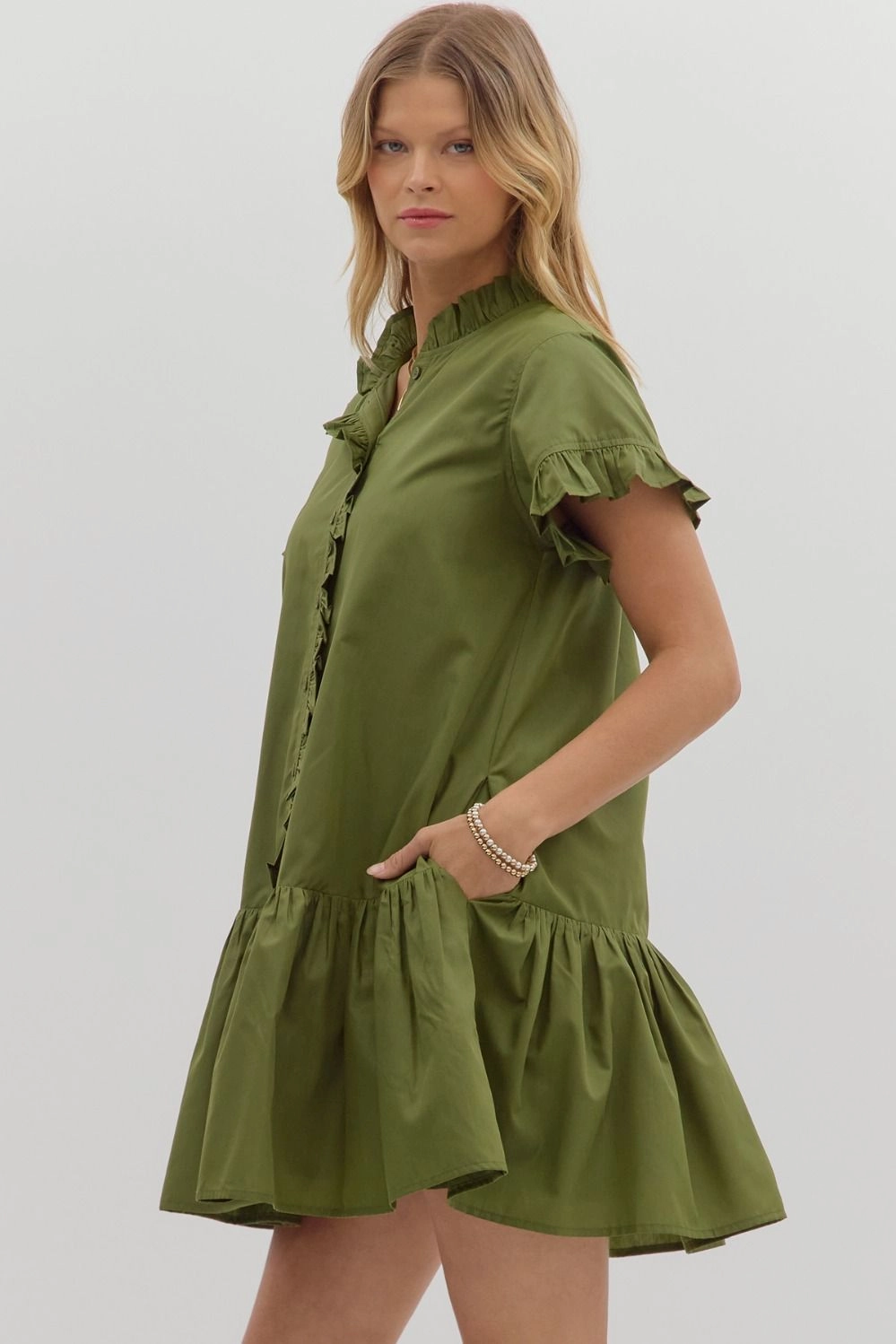 Mood Focused Solid Ruffle Accent Button Closure Ruffle Hem Mini Dress