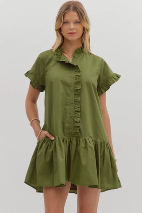 Solid Ruffle Accent Button Closure Ruffle Hem Mini Dress Silky Shape