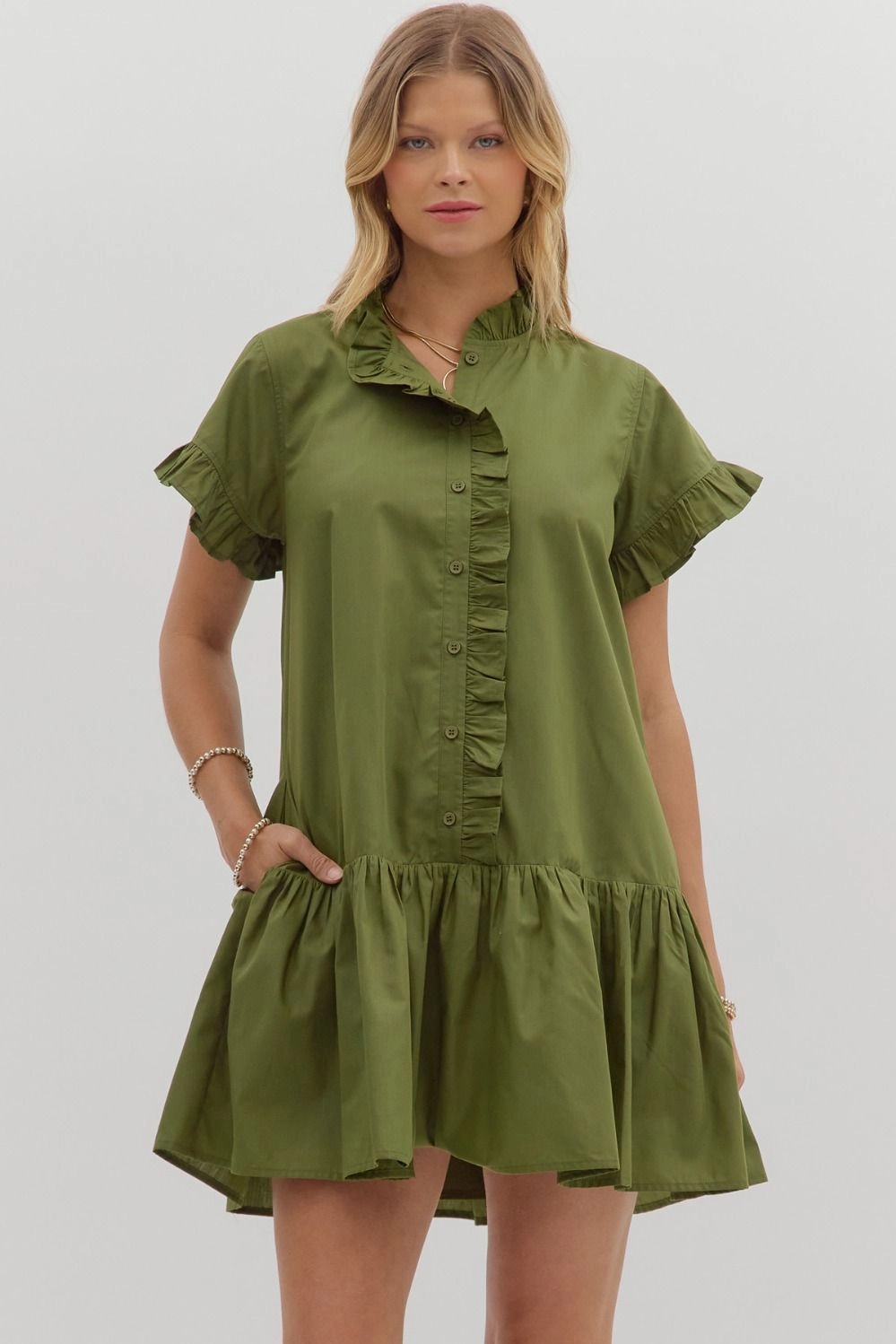 Solid Ruffle Accent Button Closure Ruffle Hem Mini Dress Silky Shape