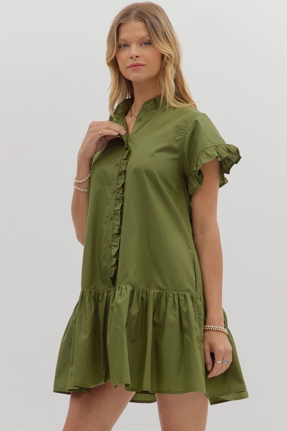 Solid Ruffle Accent Button Closure Ruffle Hem Mini Dress Sustainable-Lining Sleek Form