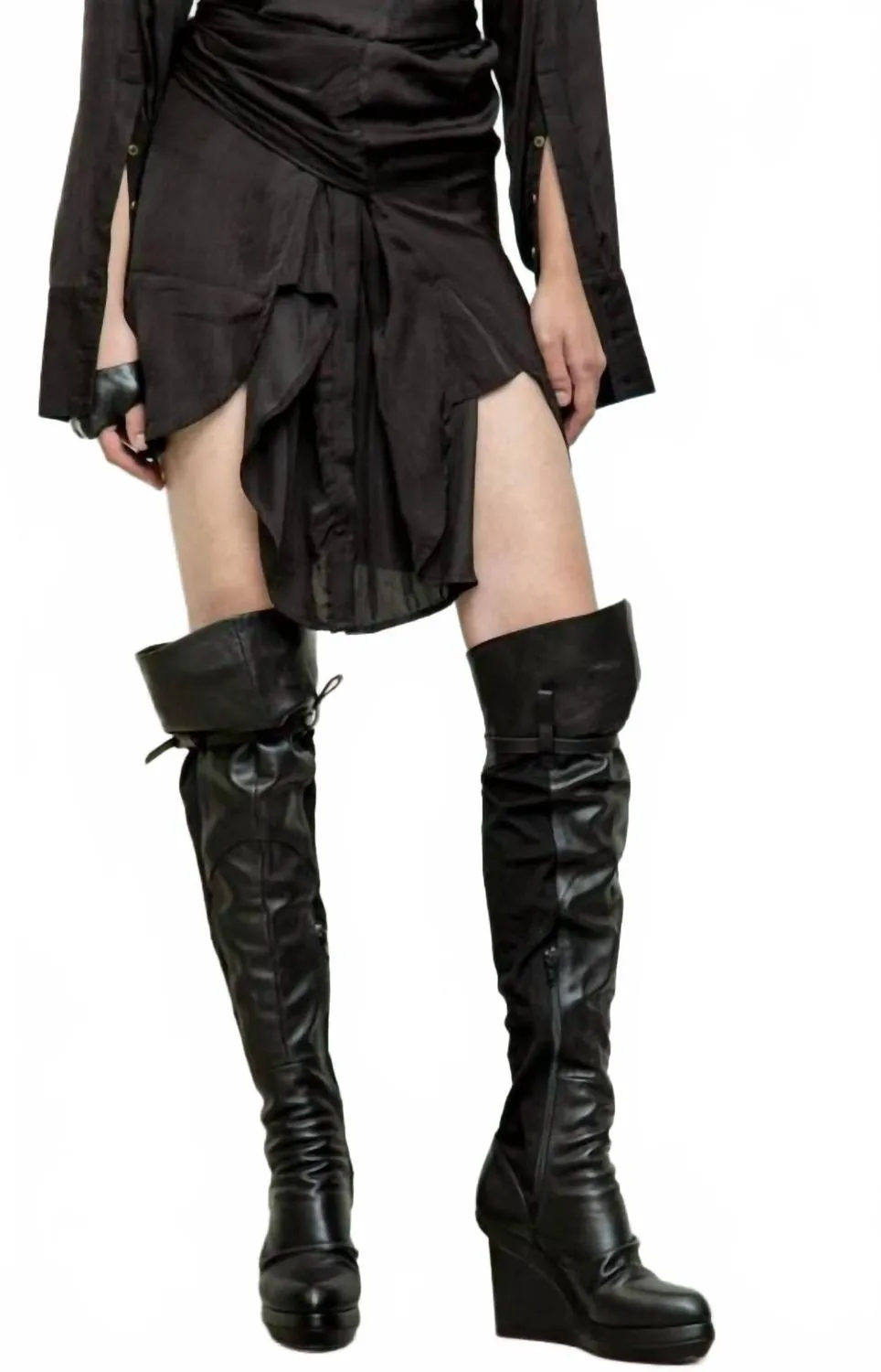 Pre-Loved Jedda Fabric Wedge Over Knee Leather Boot In Black Versatile Looks