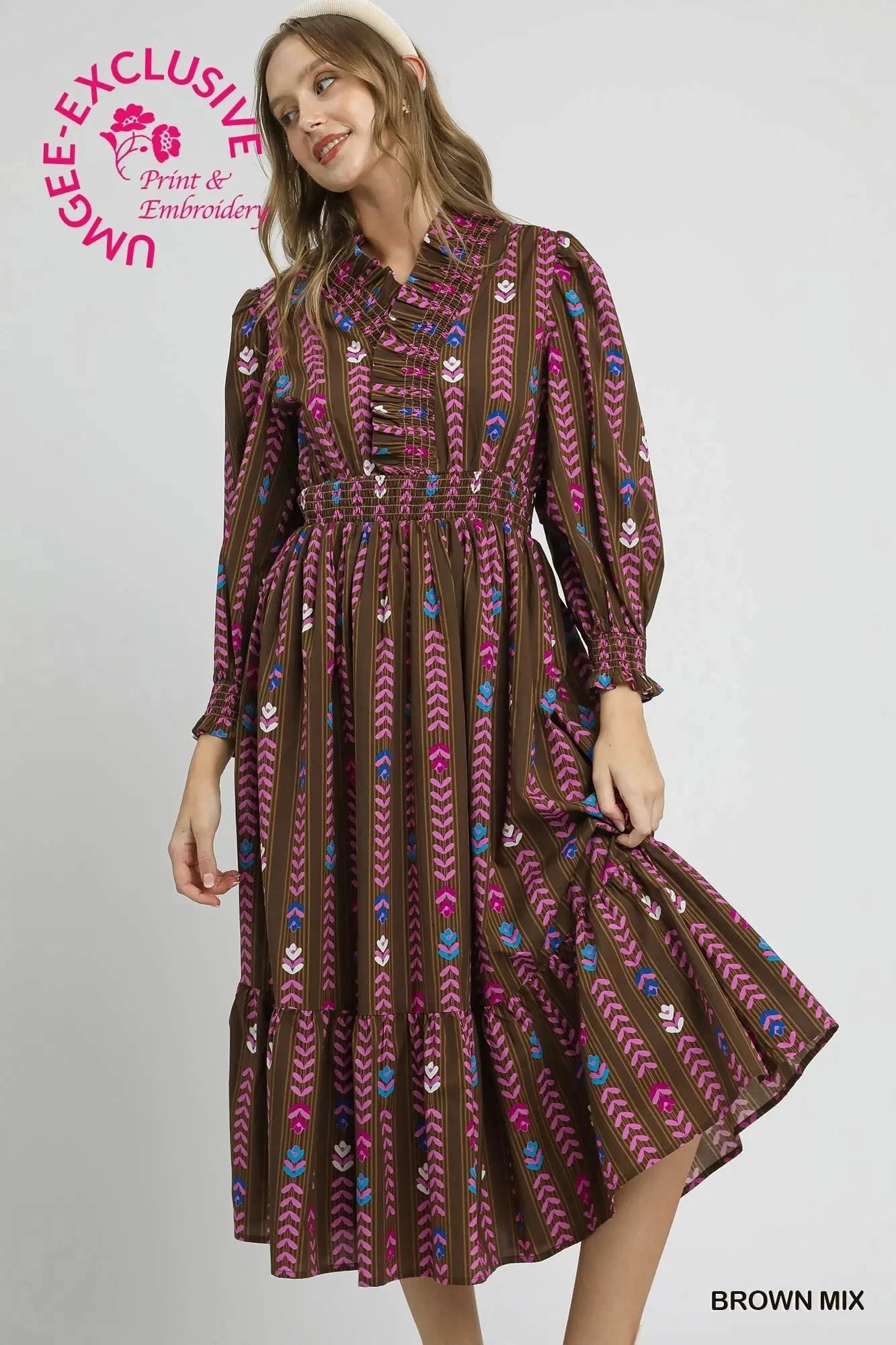 Clean Chic Polished Details Striped Floral Print Midi Dress with Ruffle Collar