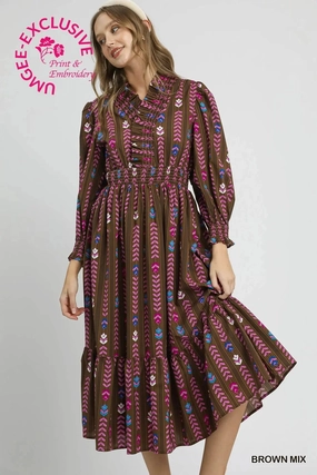 Clean Chic Polished Details Striped Floral Print Midi Dress with Ruffle Collar