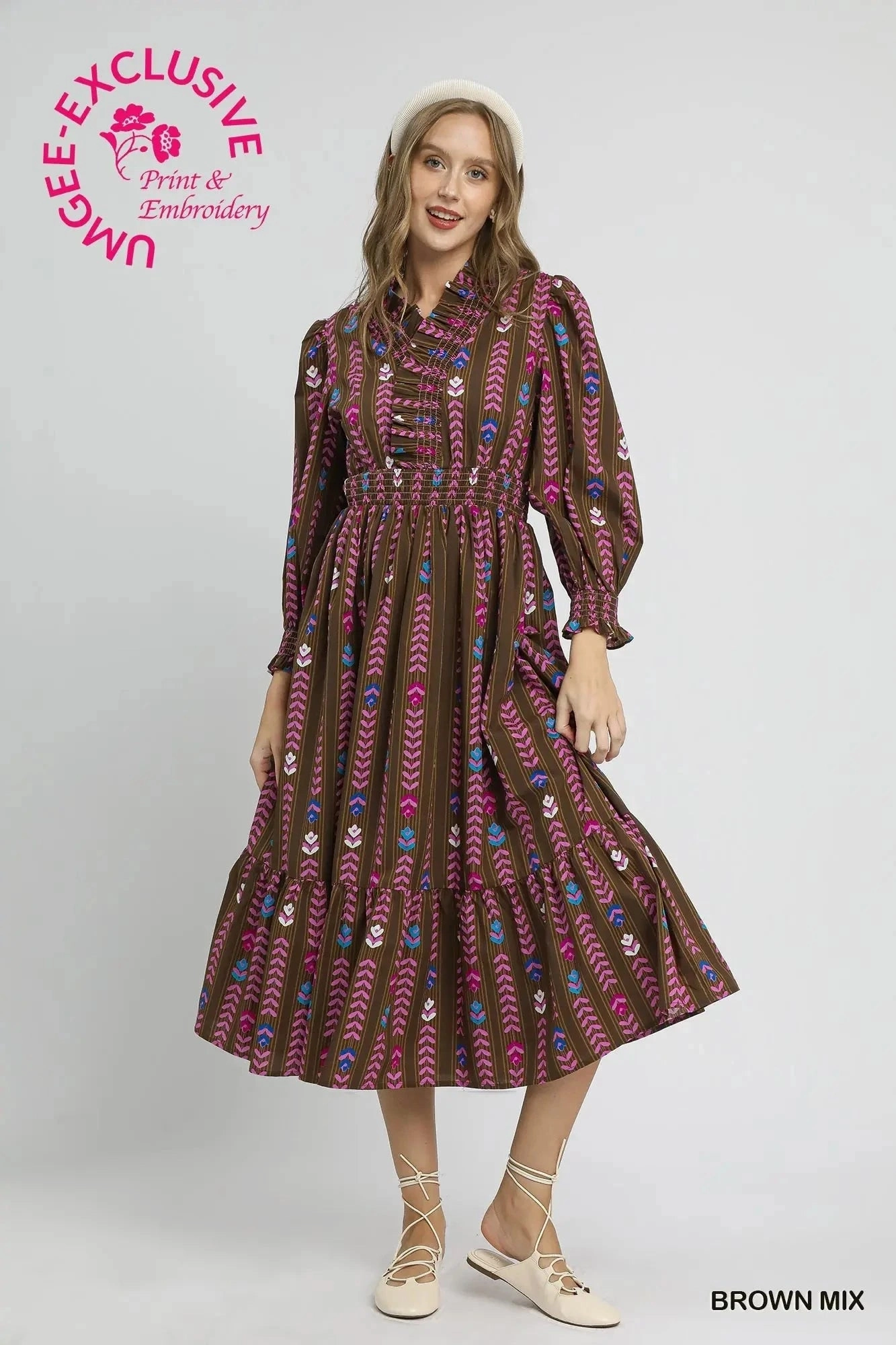 Striped Floral Print Midi Dress with Ruffle Collar Refined Mood All Season Style