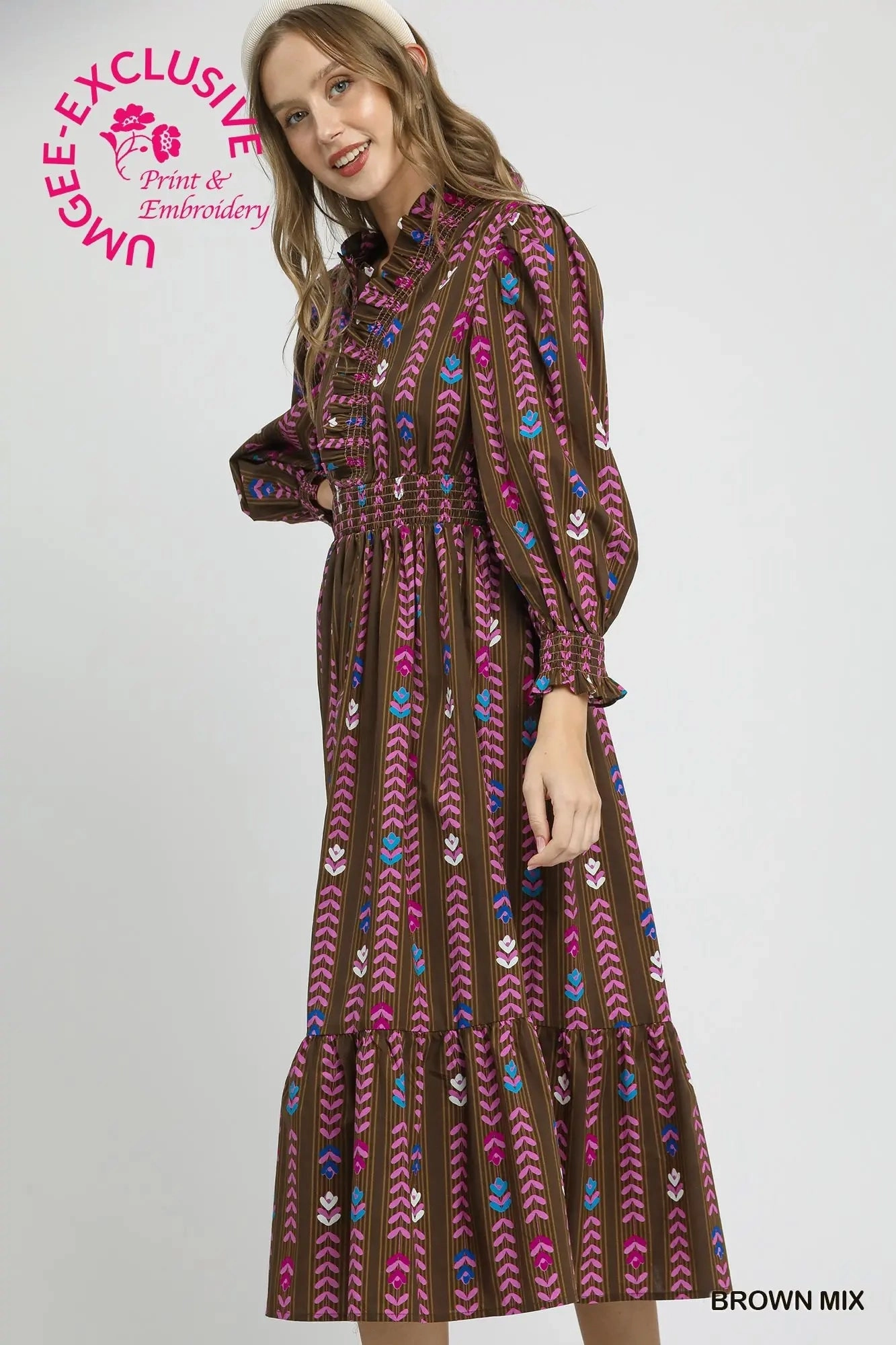 Striped Floral Print Midi Dress with Ruffle Collar Professional Comfort Smart Comfort