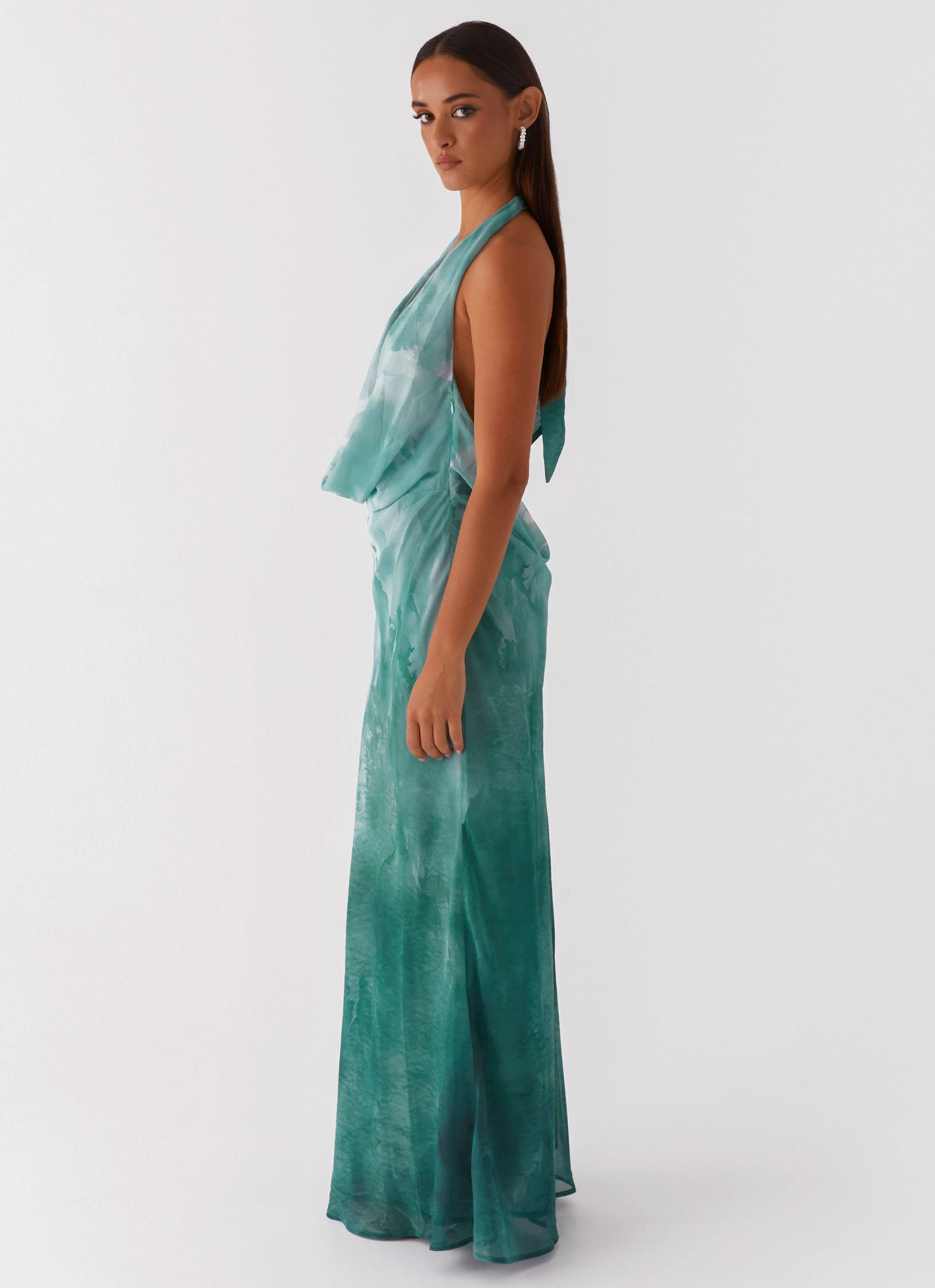 Waist Seam Soft Texture Nerissa Cowl Neck Maxi Dress - Green Tie Dye