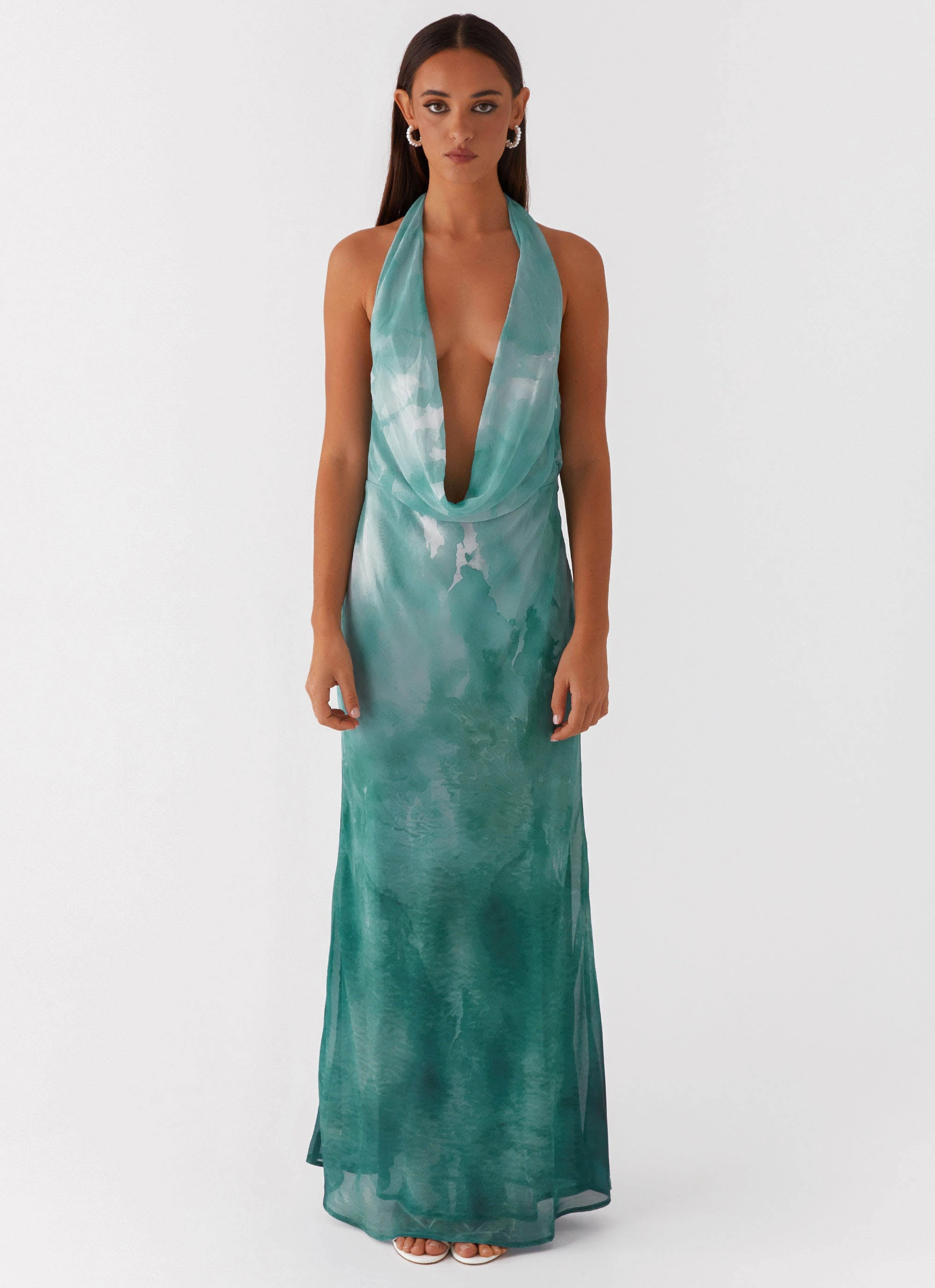 Cool Undertone Nerissa Cowl Neck Maxi Dress - Green Tie Dye