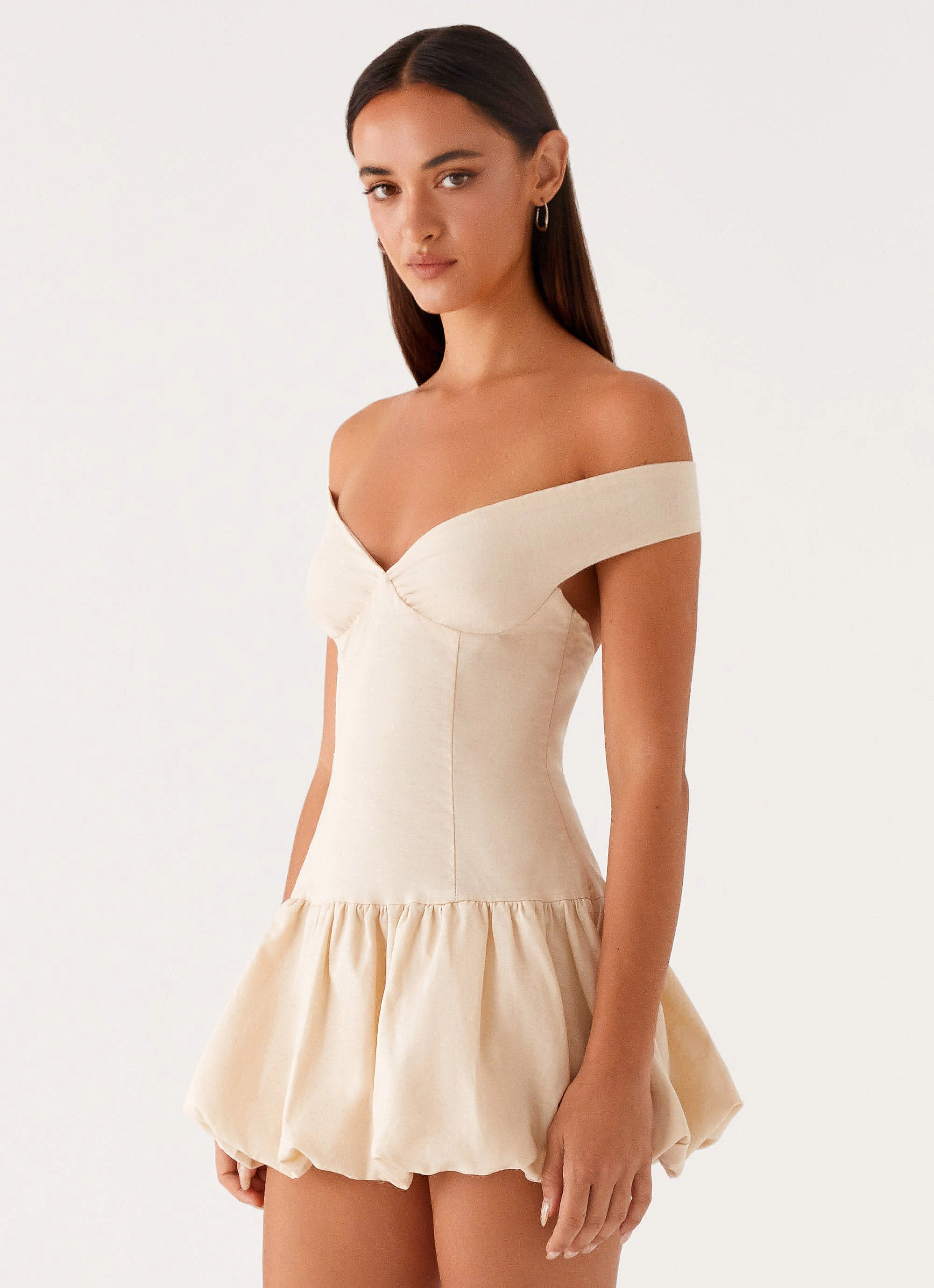 Button-Cuff Endless Romance Off Shoulder Mini Dress - Butter