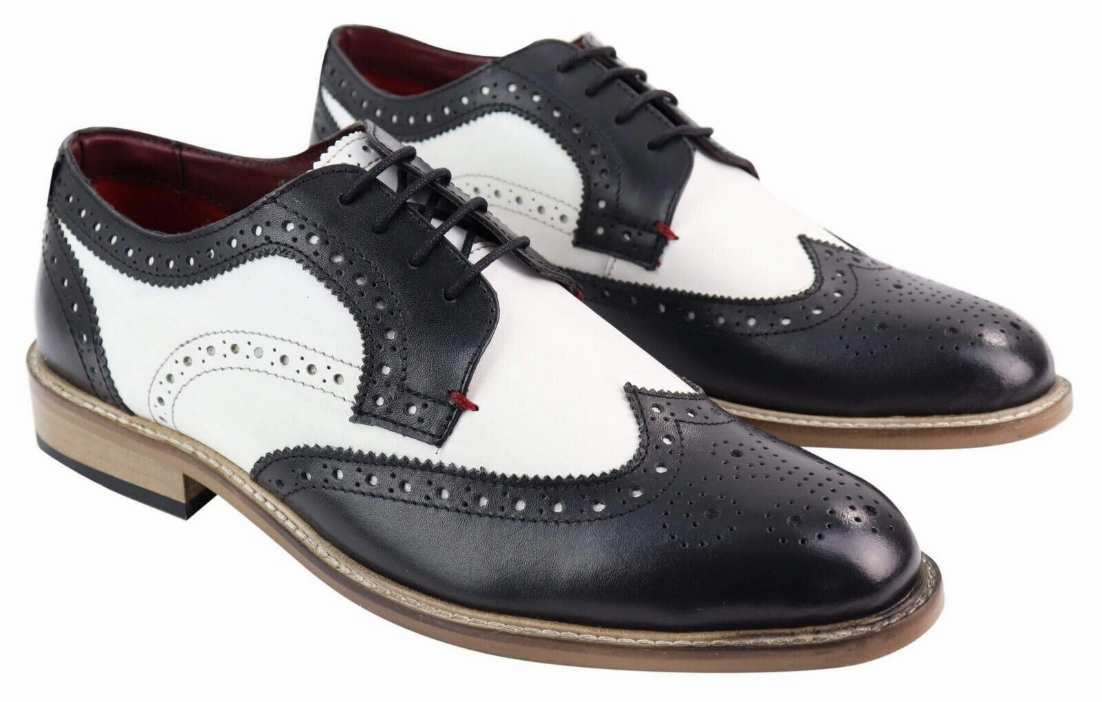 Refined Essentials Mens Classic Oxford Brogue Gatsby Shoes in Black/White Leather