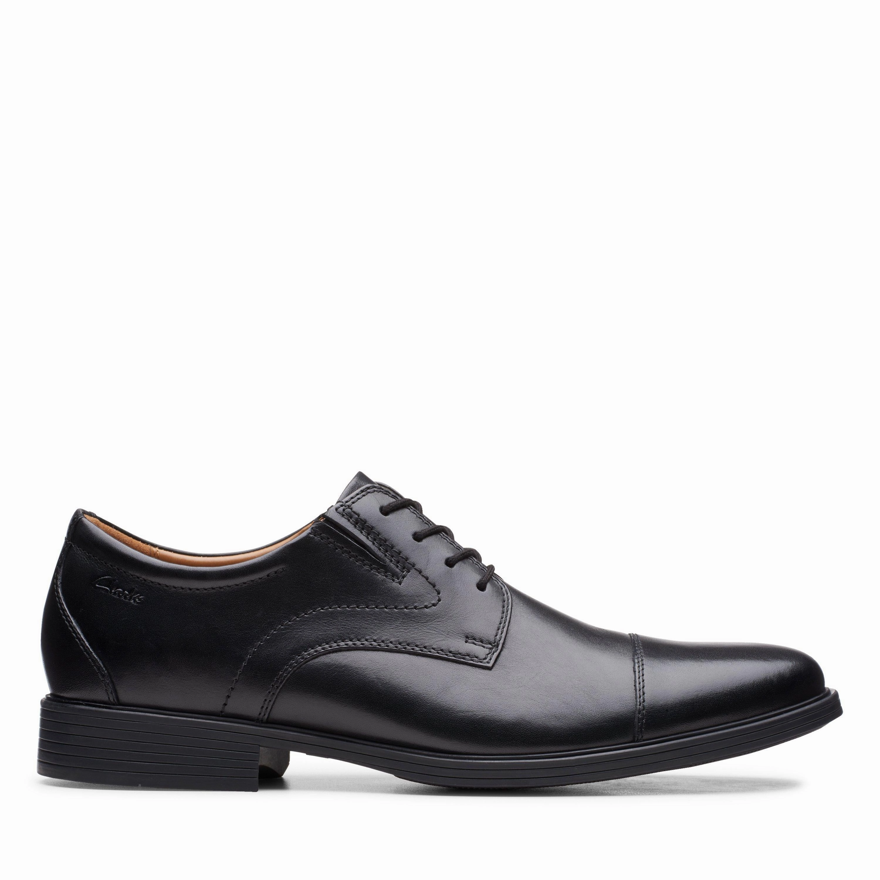Clarks Whiddon Cap in Black Leather Balanced Step Easy To Clean