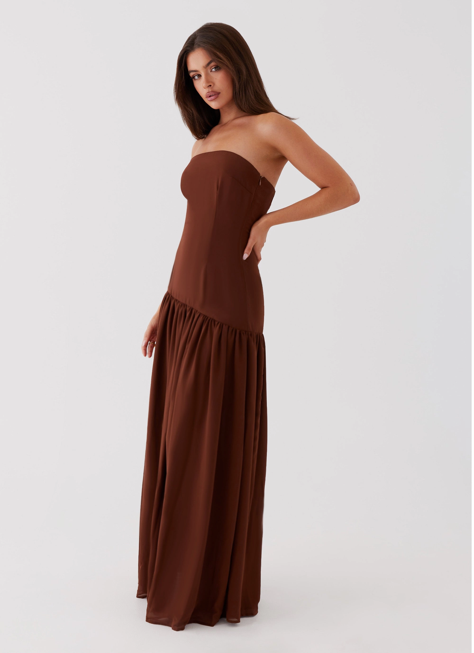 Timeless Waist Cap-Sleeve Eden Strapless Maxi Dress - Brown