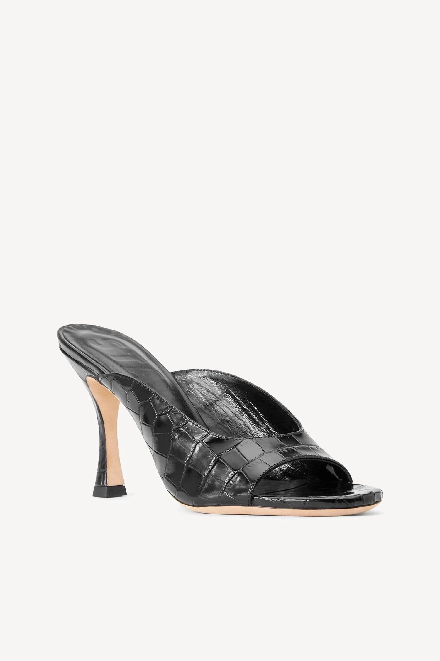 Cushioned Insole Quick Slip Fit Sylvia Leather Mule Sandals In Black Croc Embossed