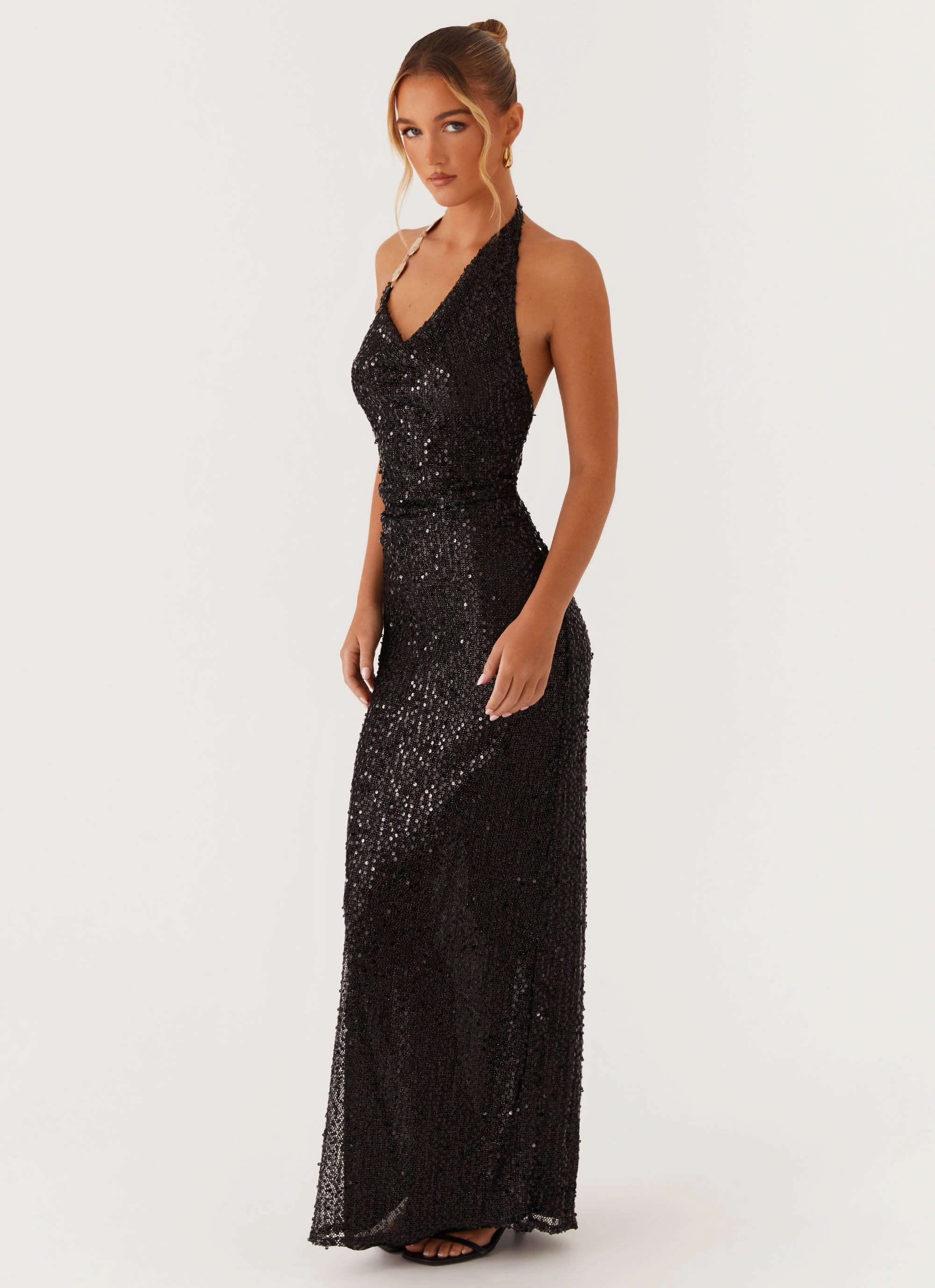 Fitted Style After Tonight Sequin Cowl Neck Maxi Dress - Black