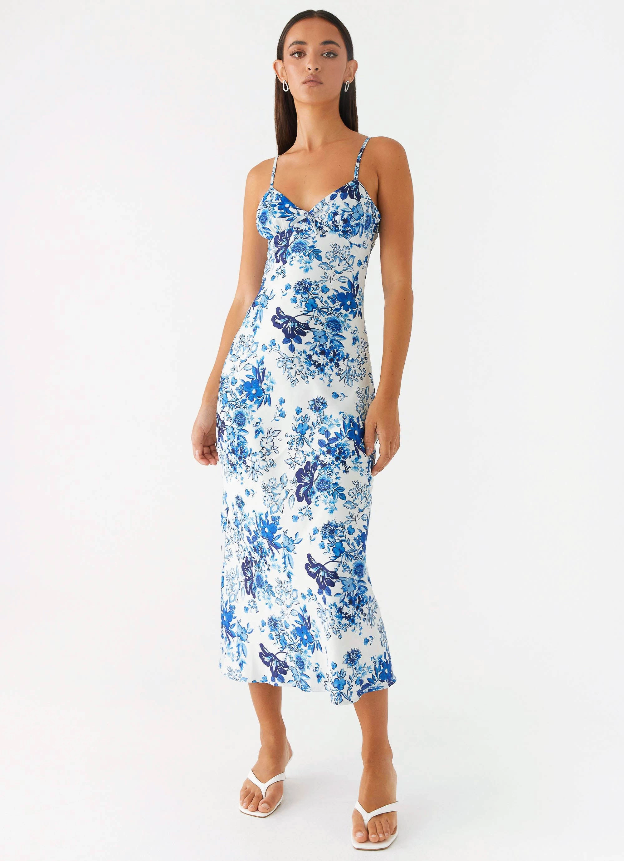 Asymmetrical hem Take Chances Midi Dress - Serene Sky Floral