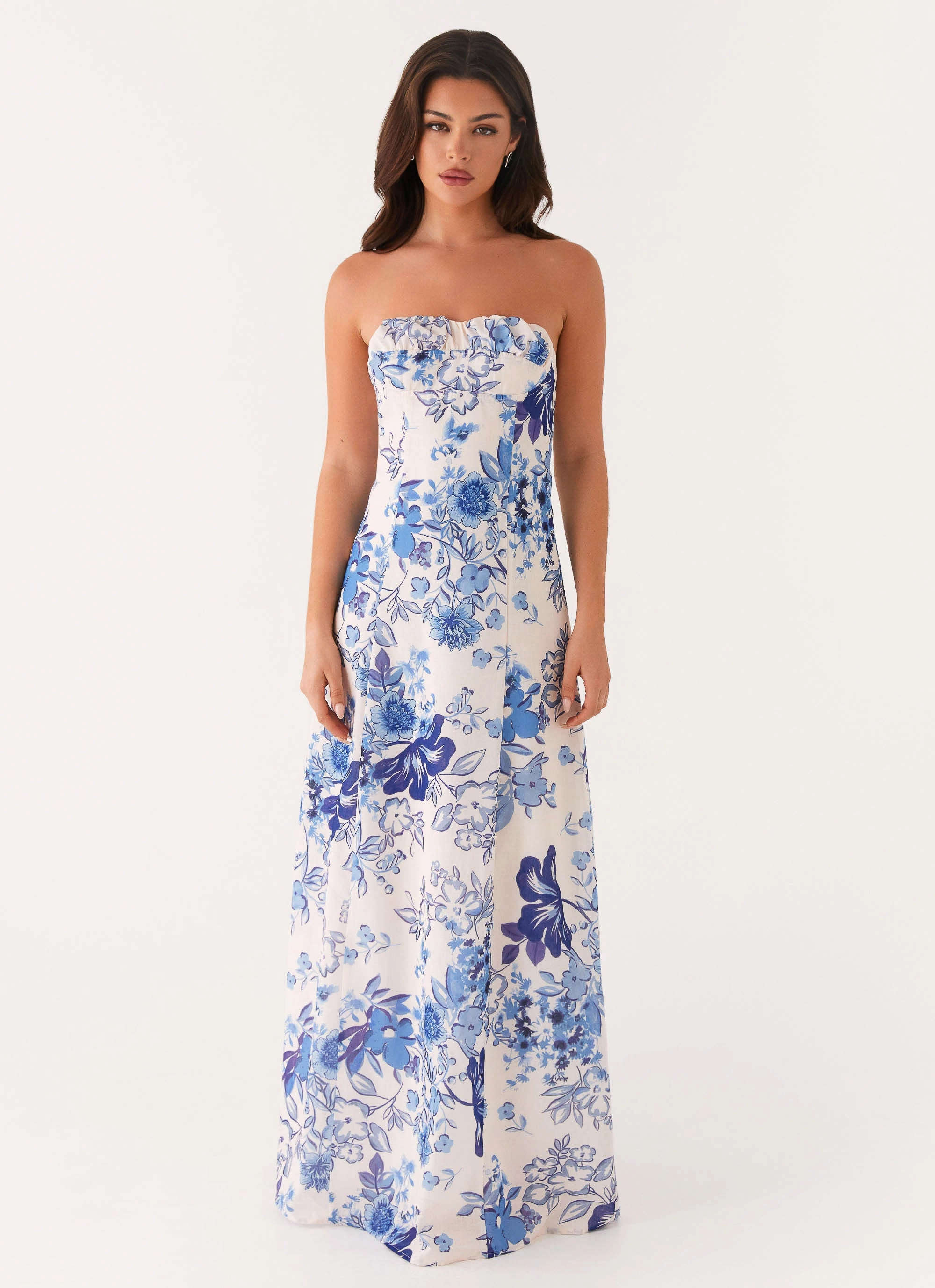 Silky Drape Subtle Drape Tayla Linen Maxi Dress - Serene Sky Floral