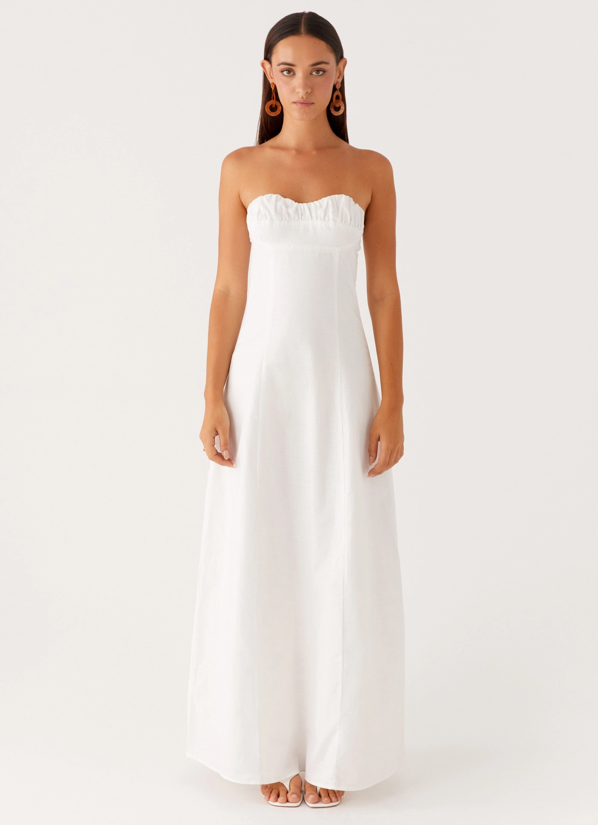 Ruched-Detail Tayla Linen Maxi Dress - White