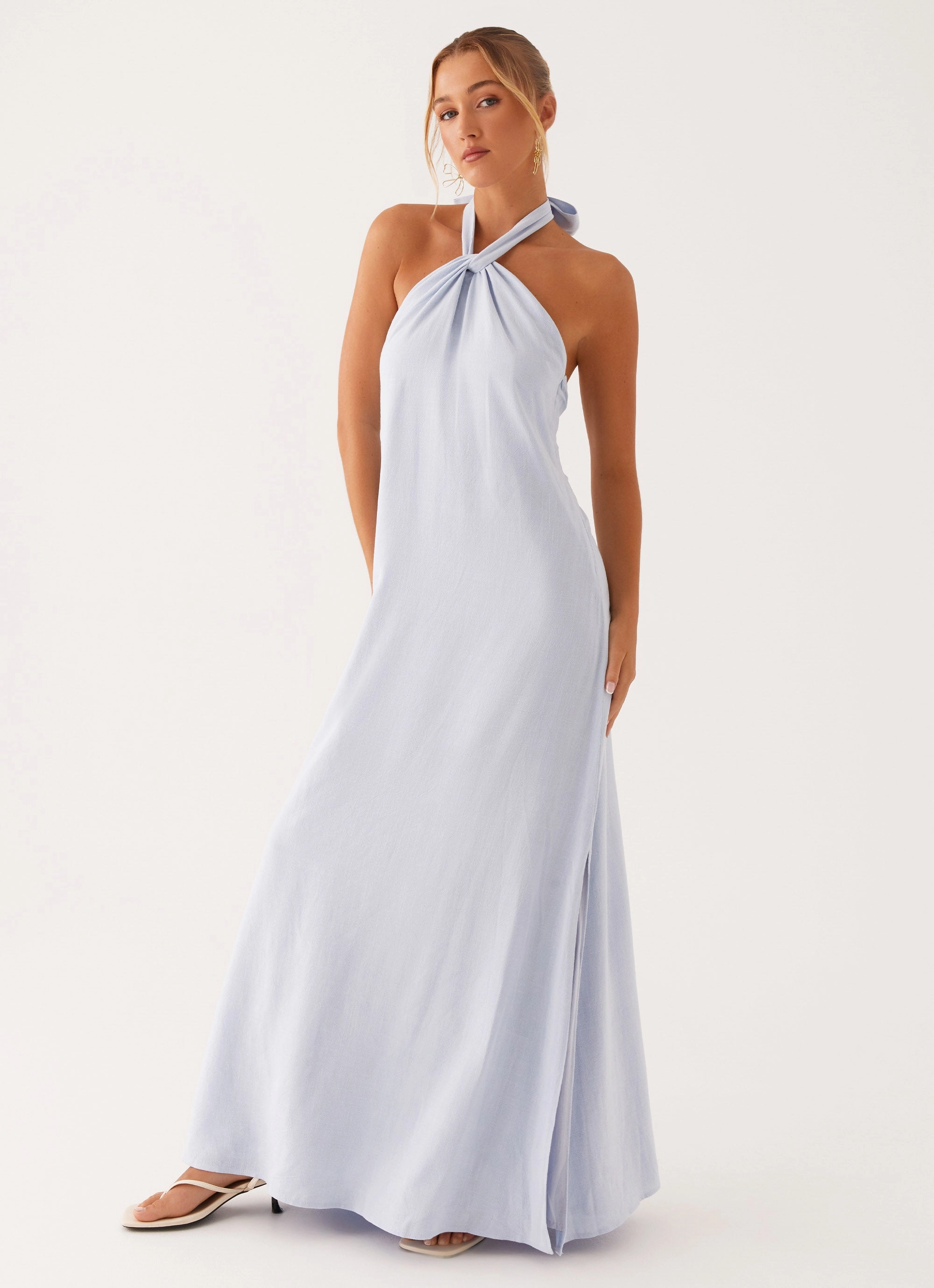 Social Charm Flare Swing Golden Child Linen Maxi Dress - Blue
