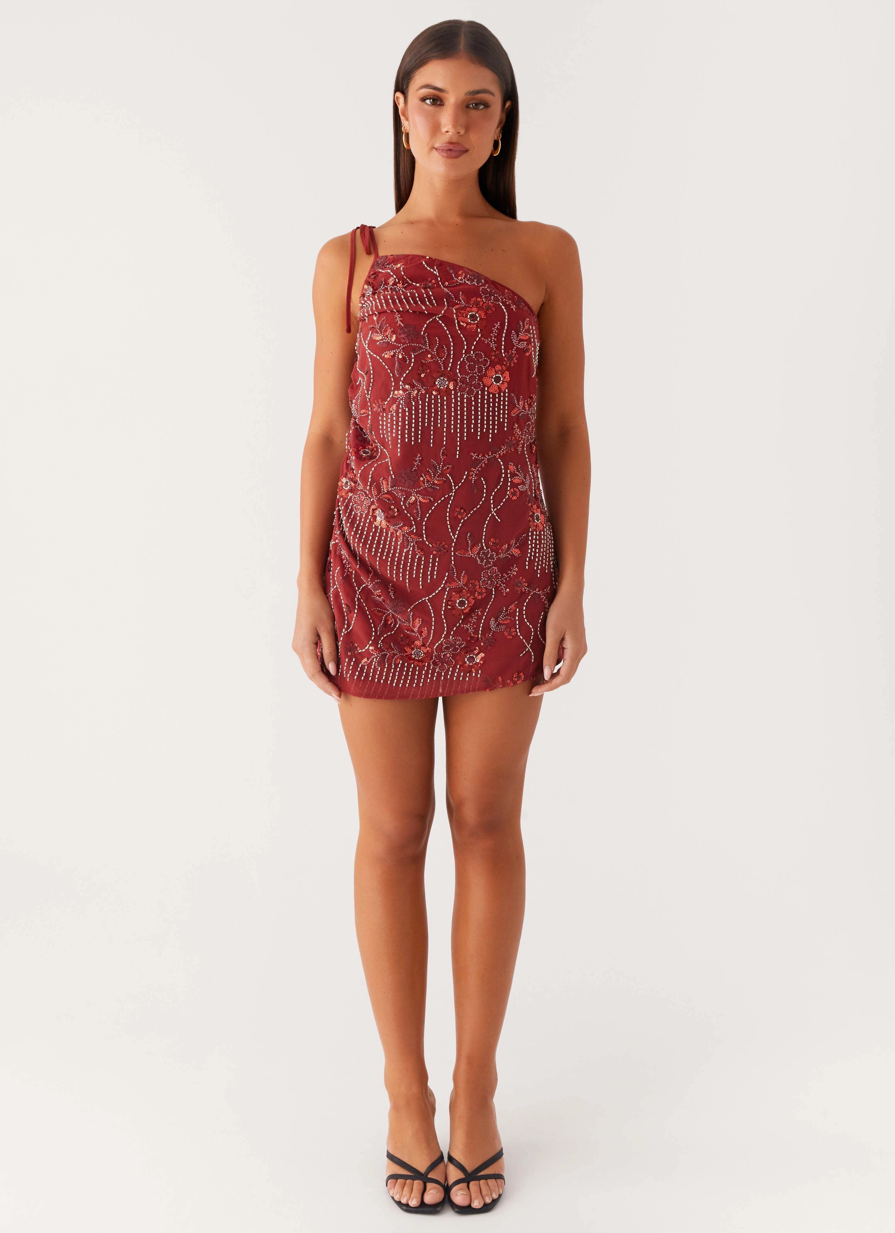 Subtle Lines Temptational Beaded One Shoulder Mini Dress - Rust