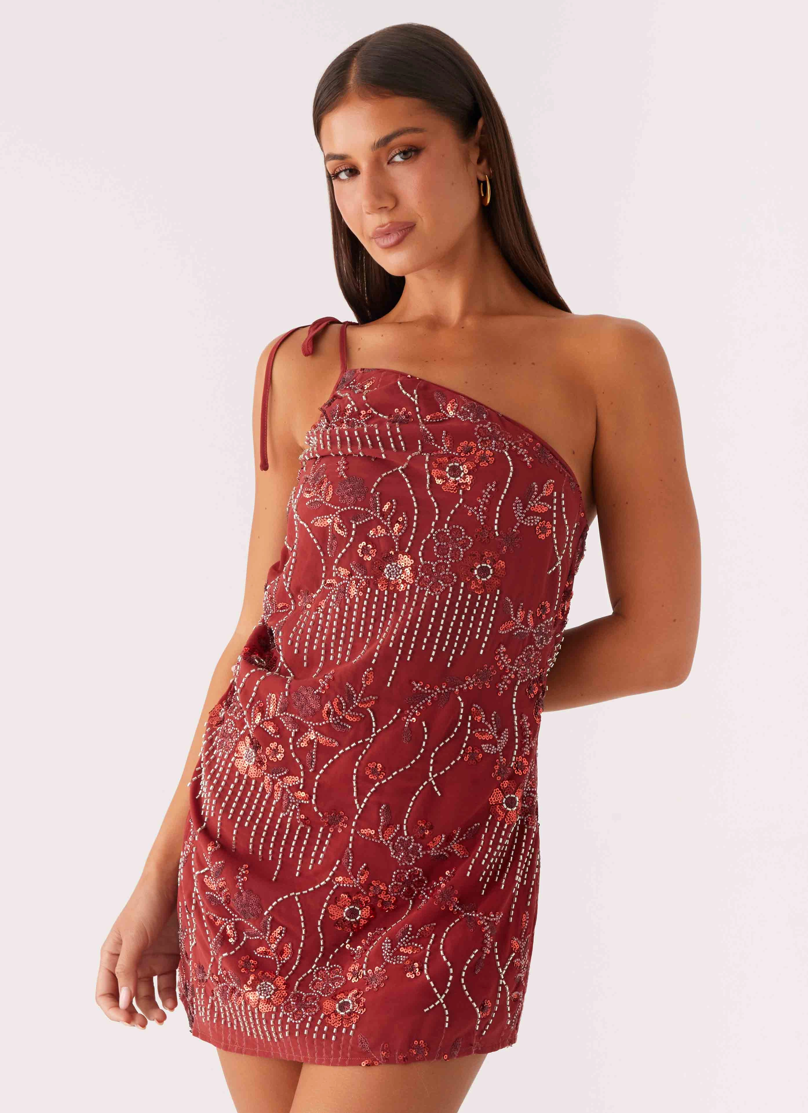Versatile Look Fashionable Look Temptational Beaded One Shoulder Mini Dress - Rust