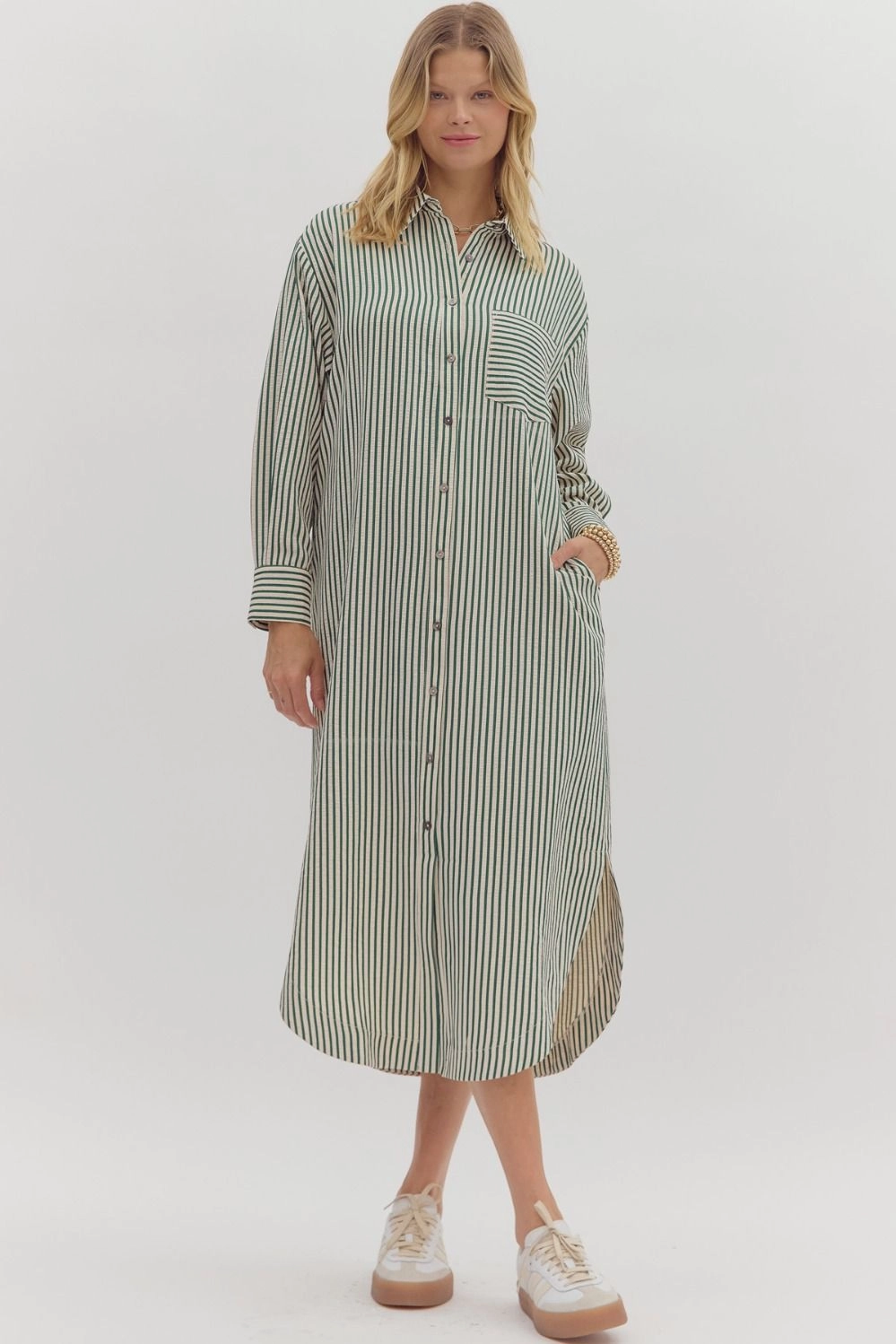 Textured Stripe Pattern Long Sleeve Midi Shirt Dress Comfortable and Soft