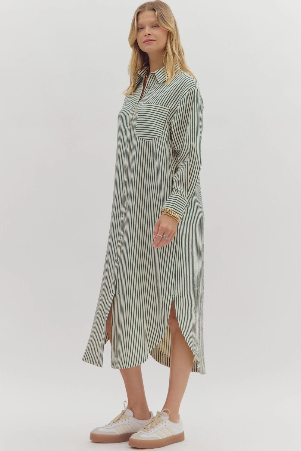 Textured Stripe Pattern Long Sleeve Midi Shirt Dress Bright Mood Mixed Fabric