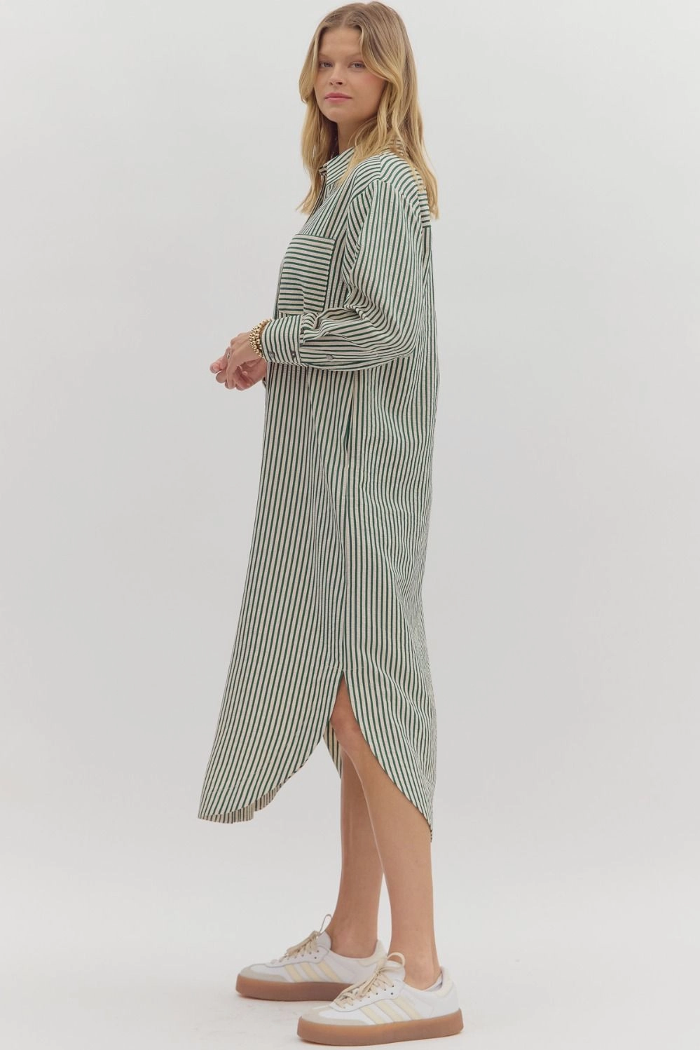 Collar Accent Refined Style Textured Stripe Pattern Long Sleeve Midi Shirt Dress