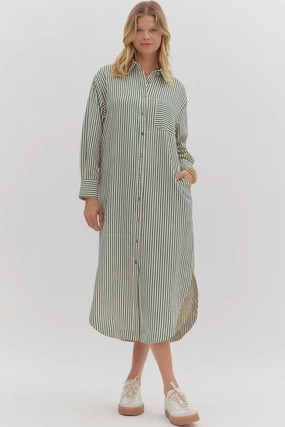 Textured Stripe Pattern Long Sleeve Midi Shirt Dress Comfortable and Soft