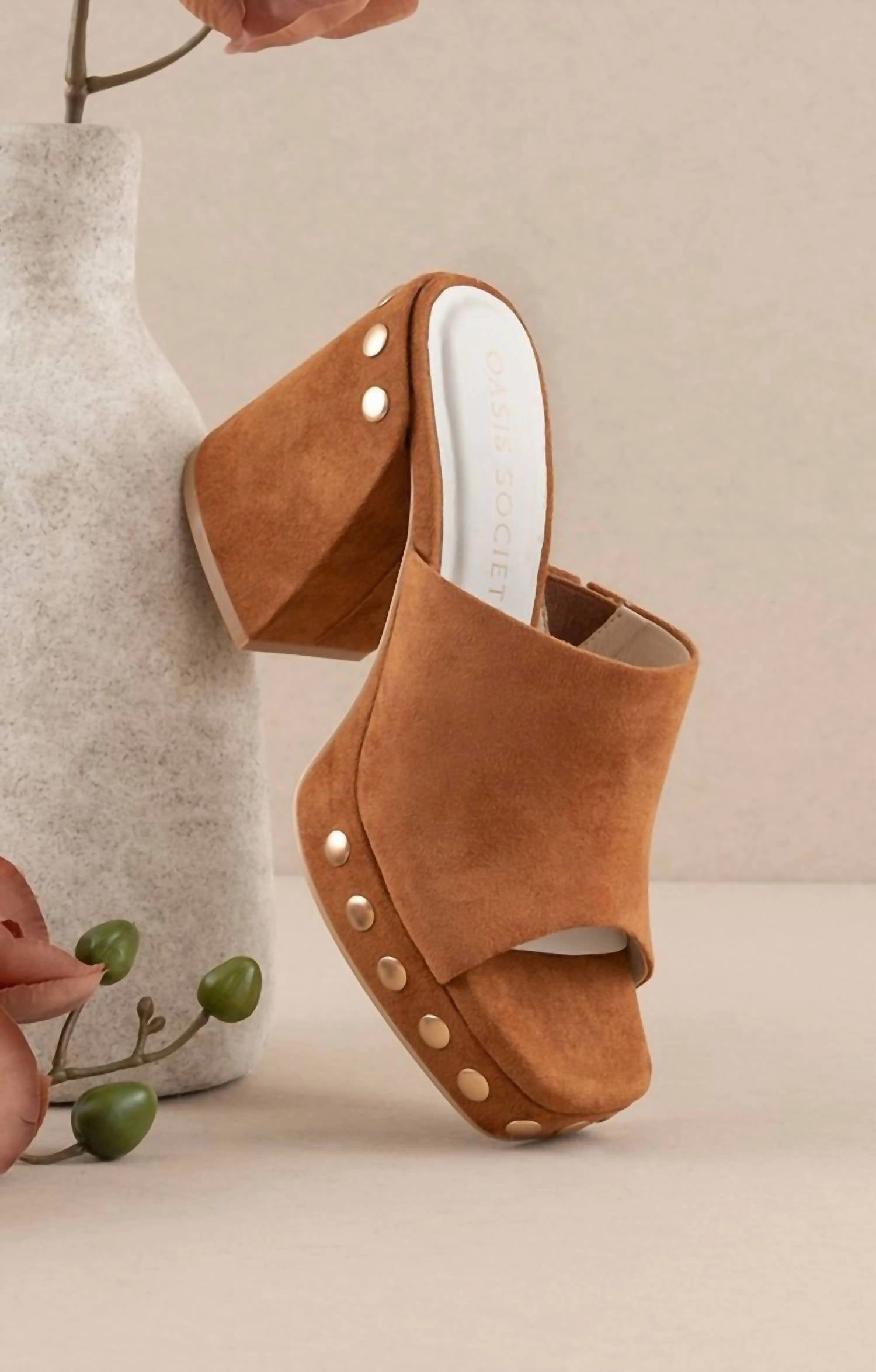 Vegan The Leona - Studded Suede Platform Heels In Caramel
