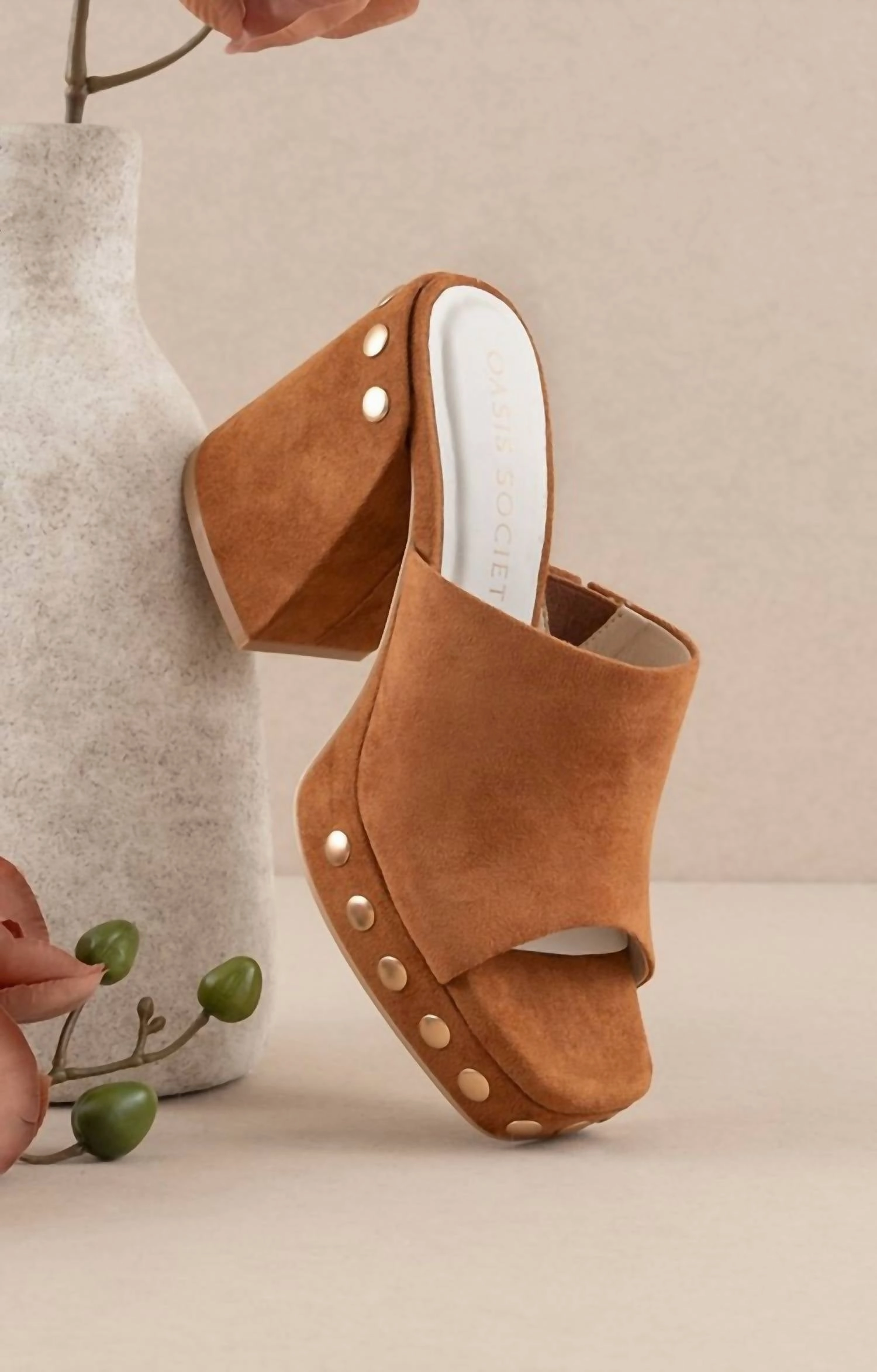 Cushioned Midsole Low Heel The Leona - Studded Suede Platform Heels In Caramel