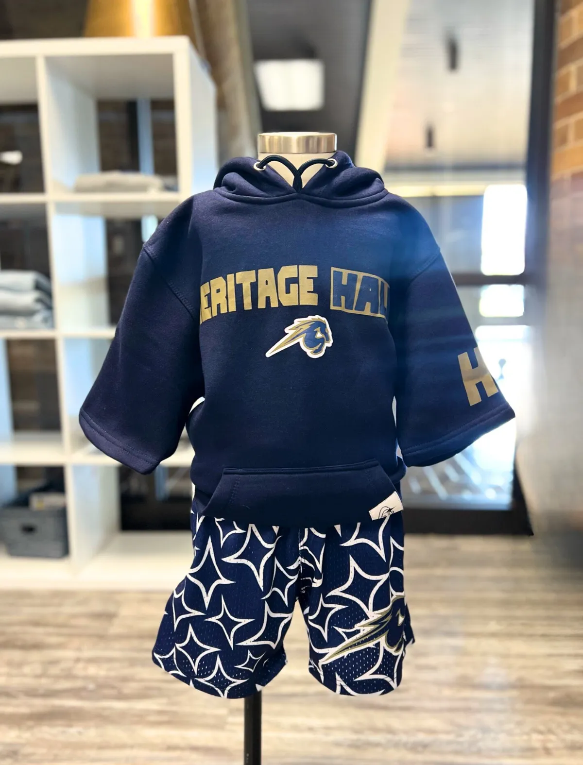 product houndstooth sophistication Youth Short Sleeve hoodie, navy, Heritage Hall