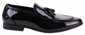 Textured Arch Support Mens Tasselled Black Patent Leather Slip on Loafers