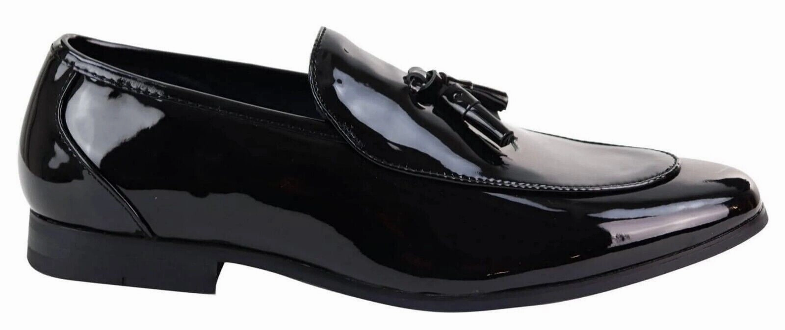 Base Comfort Mens Tasselled Black Patent Leather Slip on Loafers