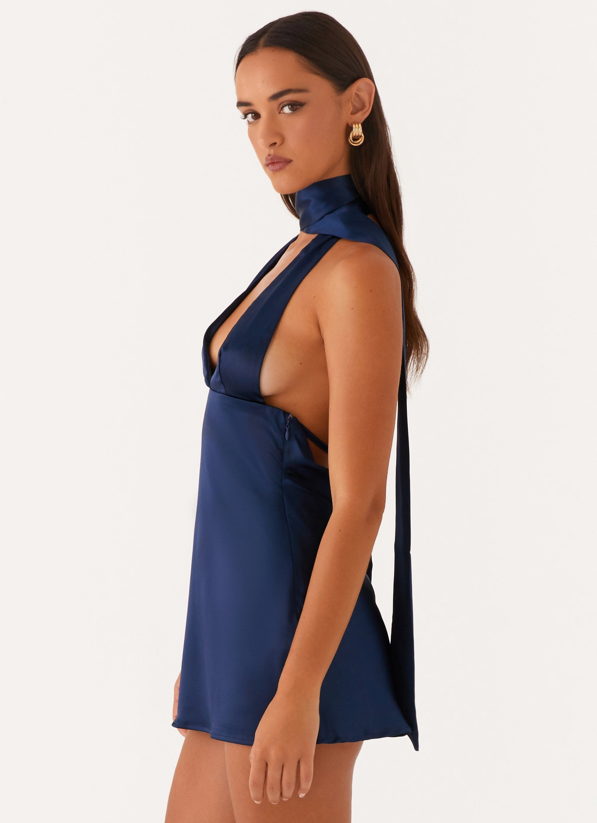 Fresh Glow Alicia Satin Halter Mini Dress - Navy