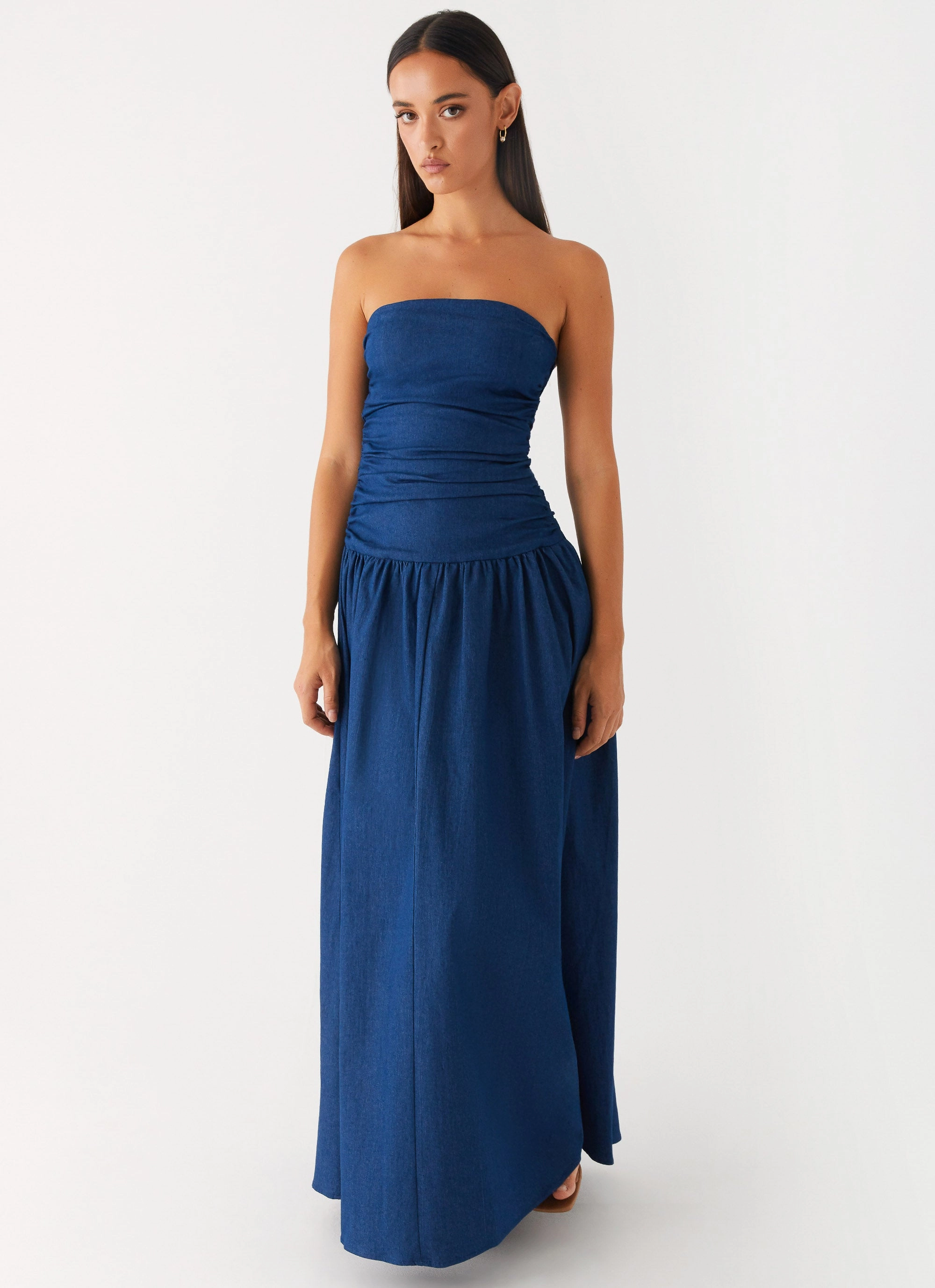 Carmel Denim Maxi Dress - Indigo Lace-Trim Comfortable Waistband