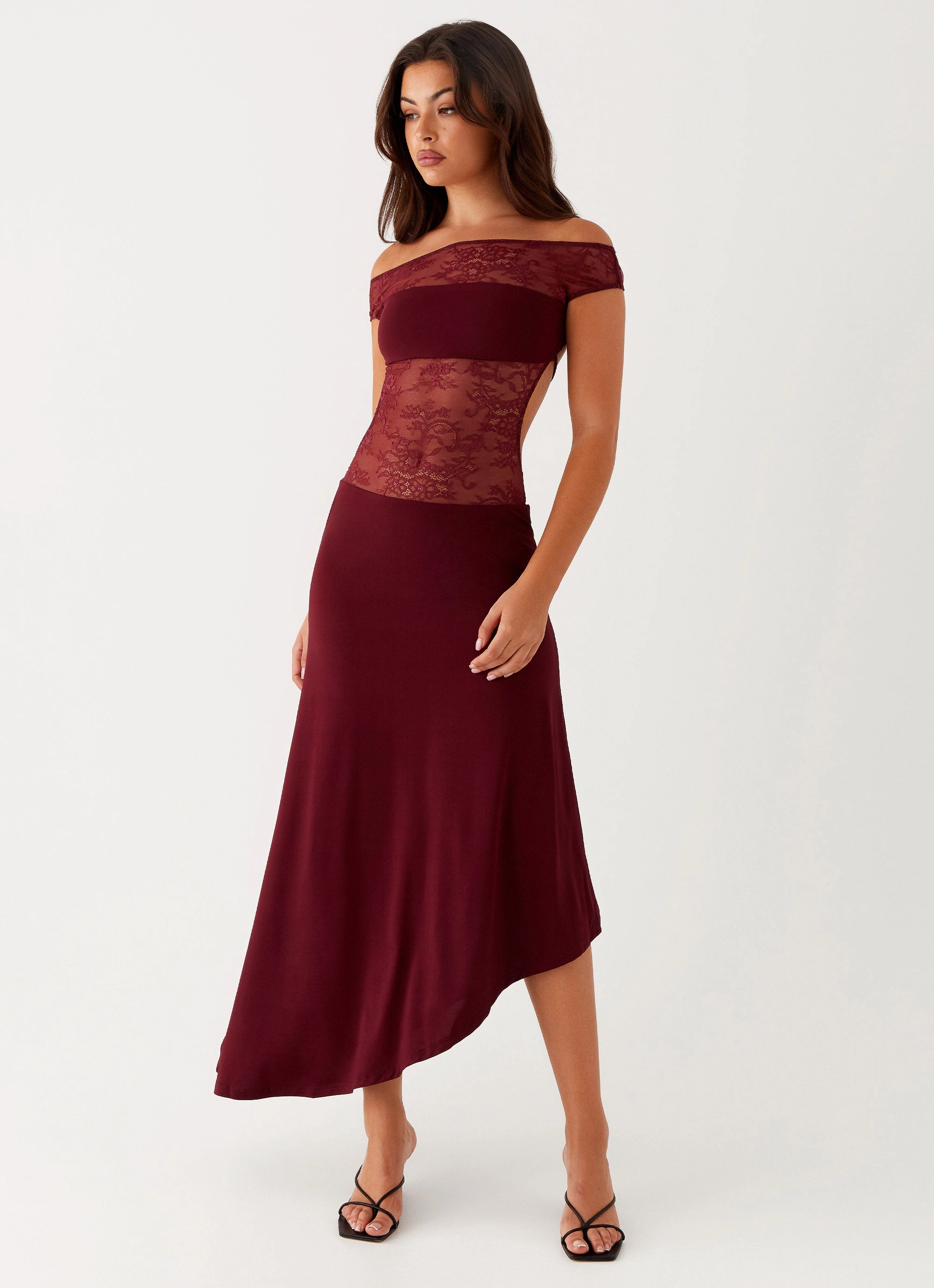 Francoise Lace Midi Dress - Burgundy Modern Waist Pastel-Tone