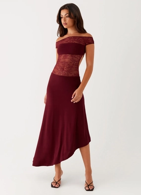 Francoise Lace Midi Dress - Burgundy Modern Waist Pastel-Tone