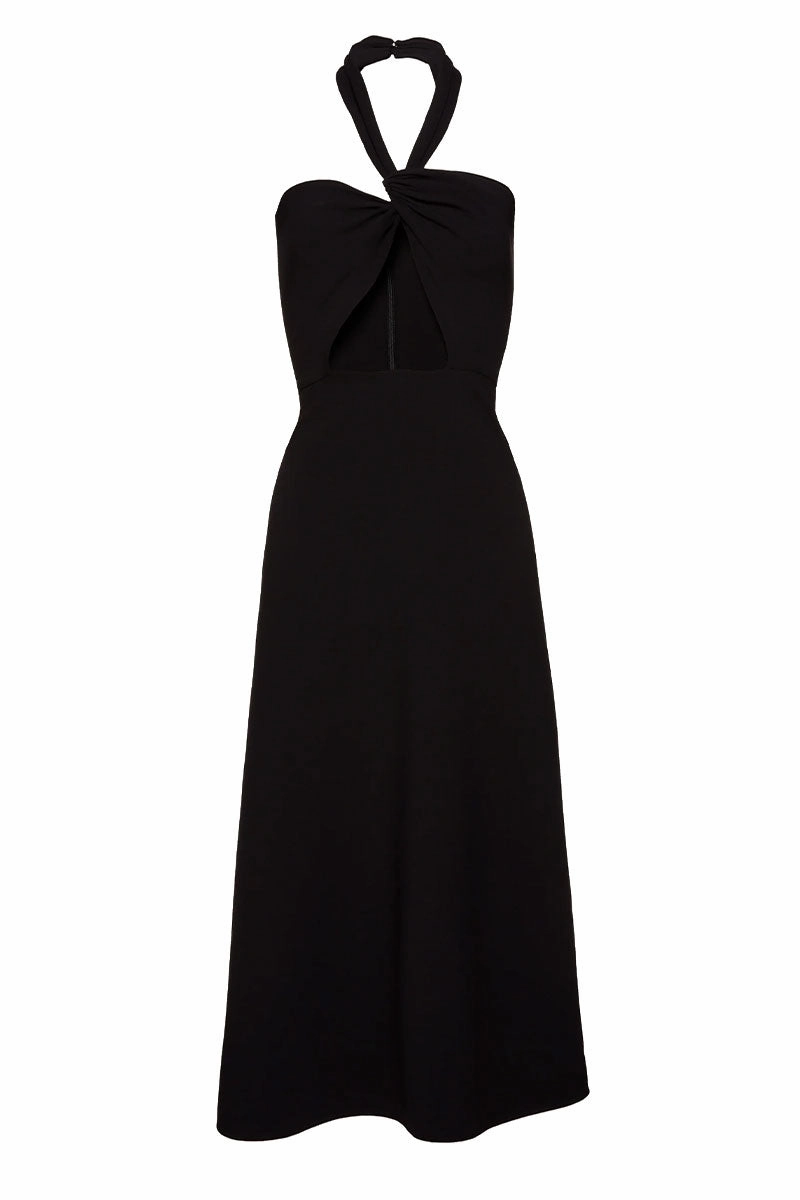 Beaded-Edge Black Halter Dress
