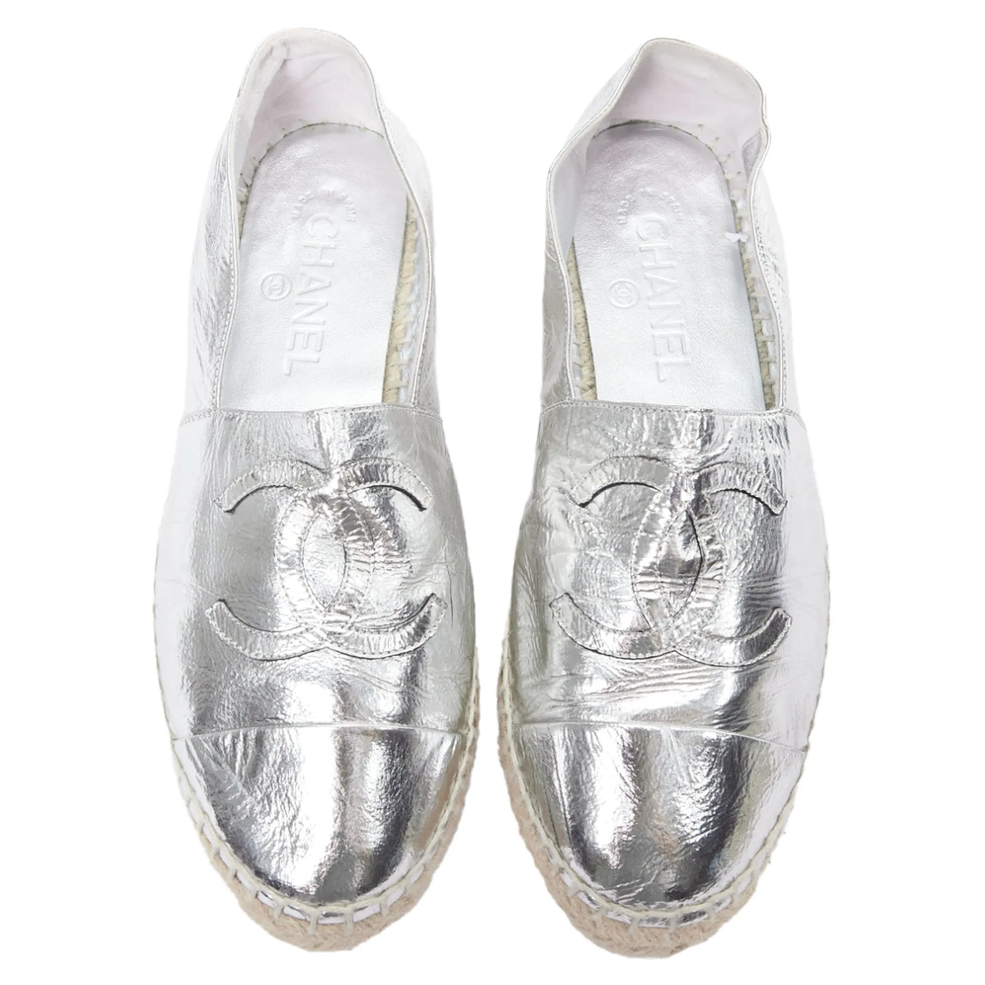 Chanel Laminated Goatskin CC Logo Jute Espadrilles Puncture Resistant Midsole