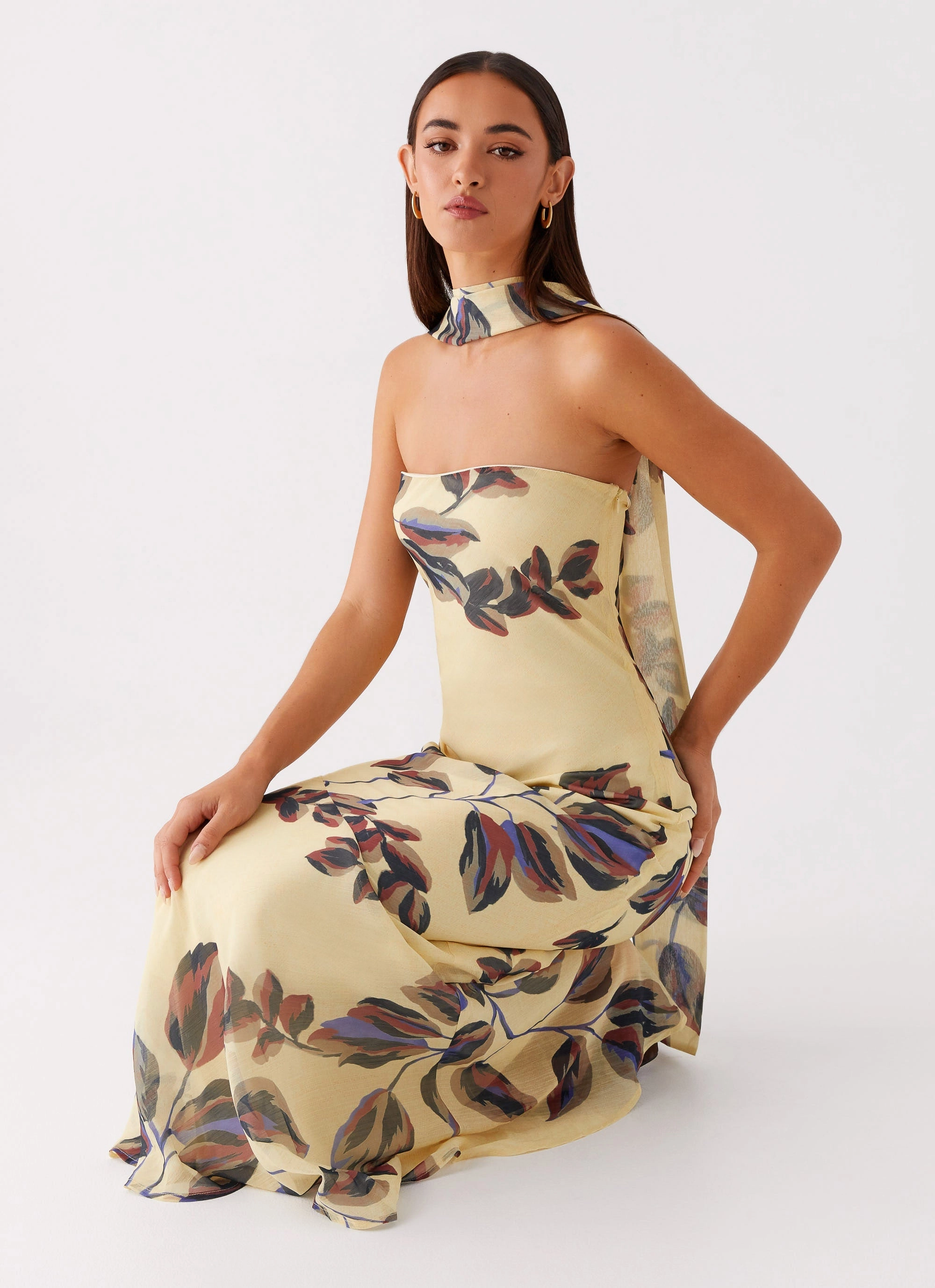 Under The Pagoda Maxi Dress - Buttercream Leaf Print Gender Fluid Fashion Option