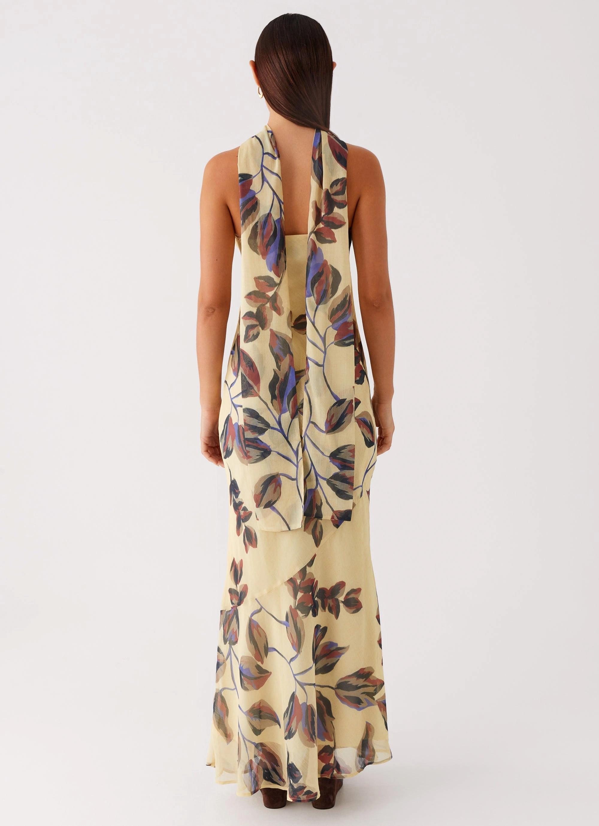 Under The Pagoda Maxi Dress - Buttercream Leaf Print Resort Vibes