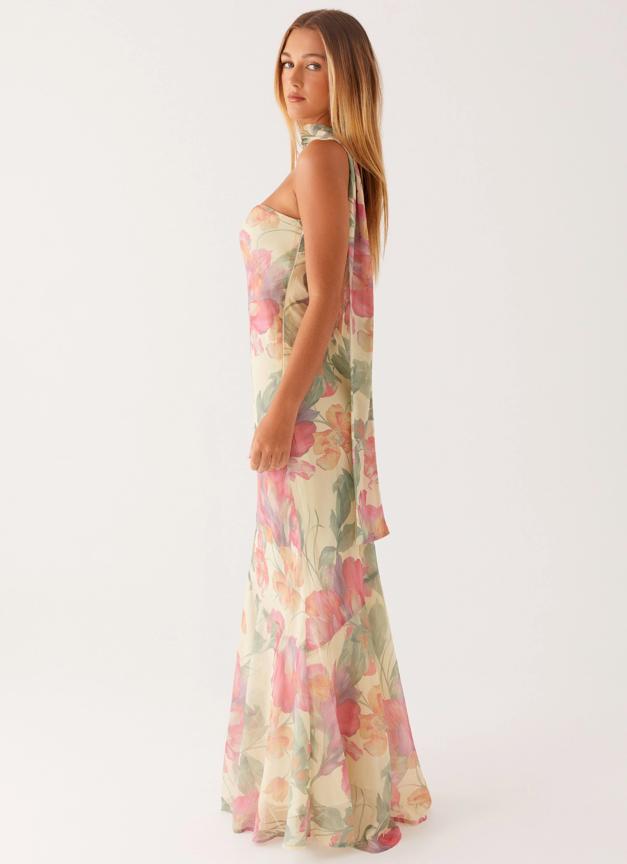 Mesh-Sleeve Classic Movement Under The Pagoda Maxi Dress - Yellow Peony
