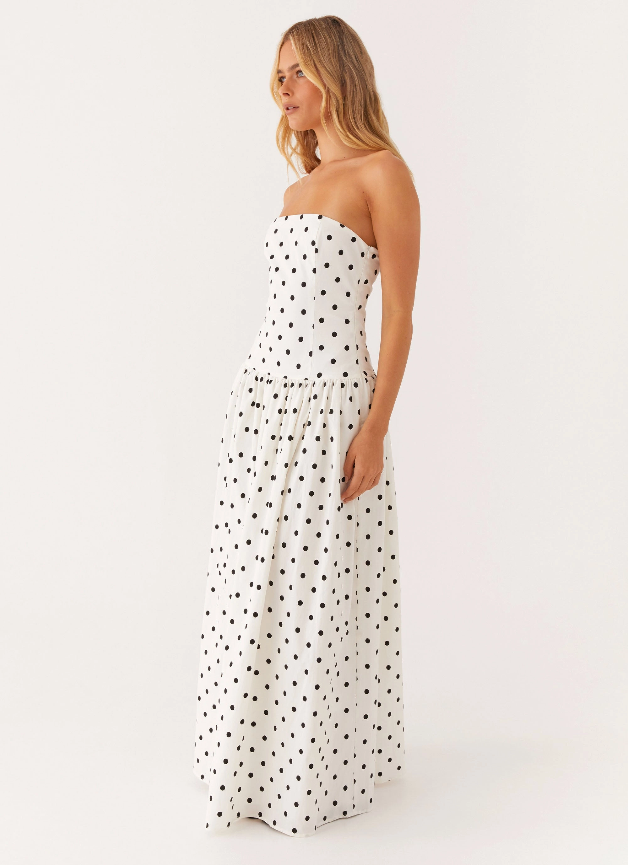 Coastal Chic Side-Zip Andorra Maxi Dress - White Polkadot