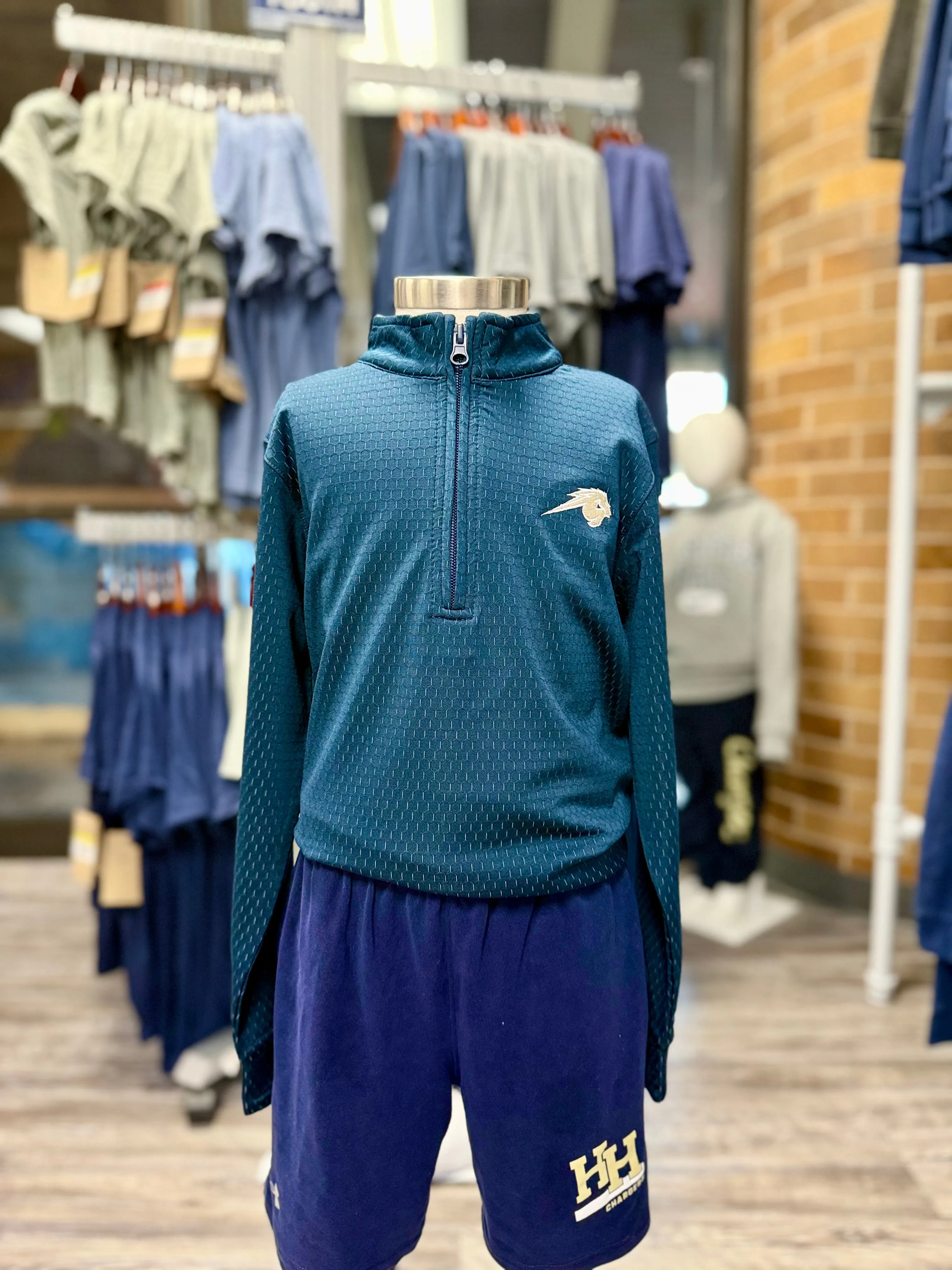 embroidery accents Youth Textured 1/4 zip, navy, Charger Horse