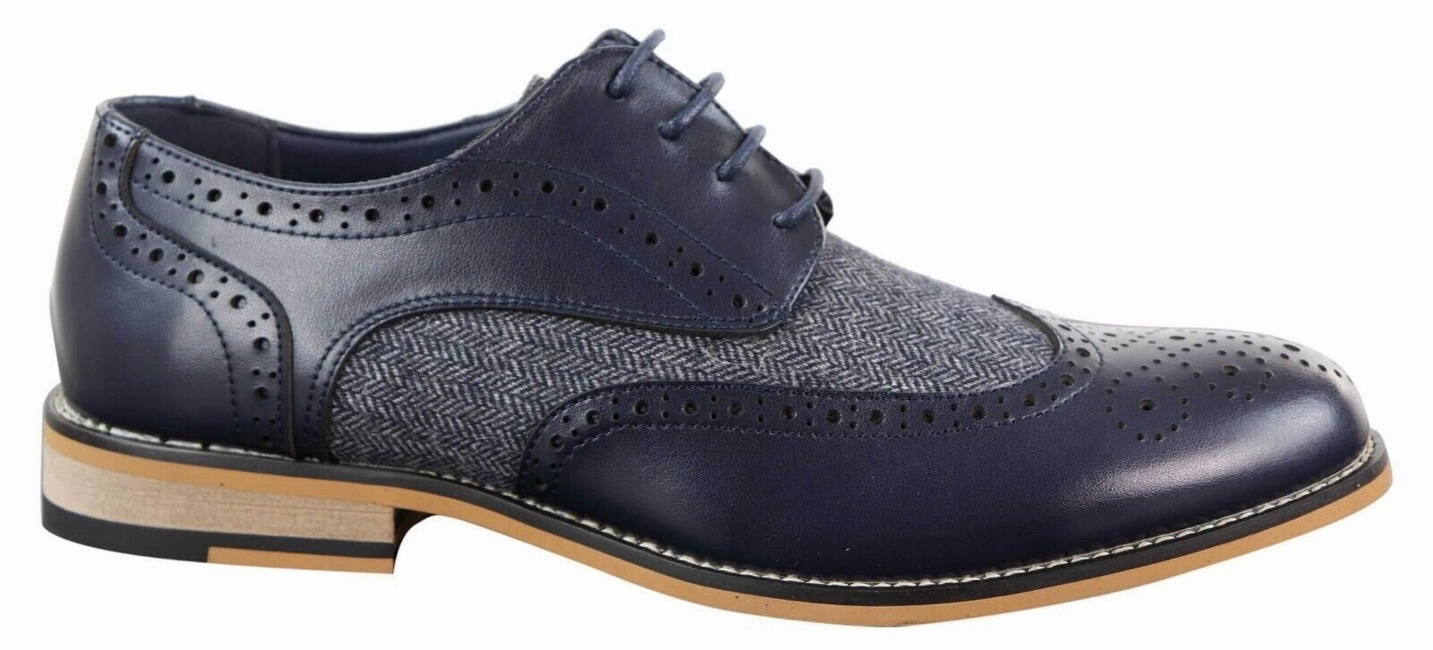 Mens Classic Oxford Tweed Brogue Shoes in Navy Leather Event Transition Non Slip Outsole