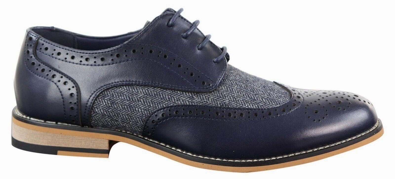 Base Pace Mens Classic Oxford Tweed Brogue Shoes in Navy Leather