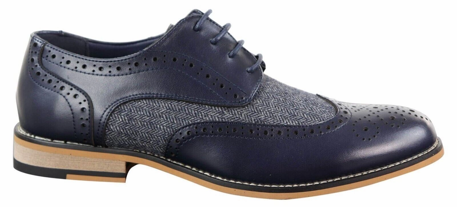 Oxford Style Mens Classic Oxford Tweed Brogue Shoes in Navy Leather