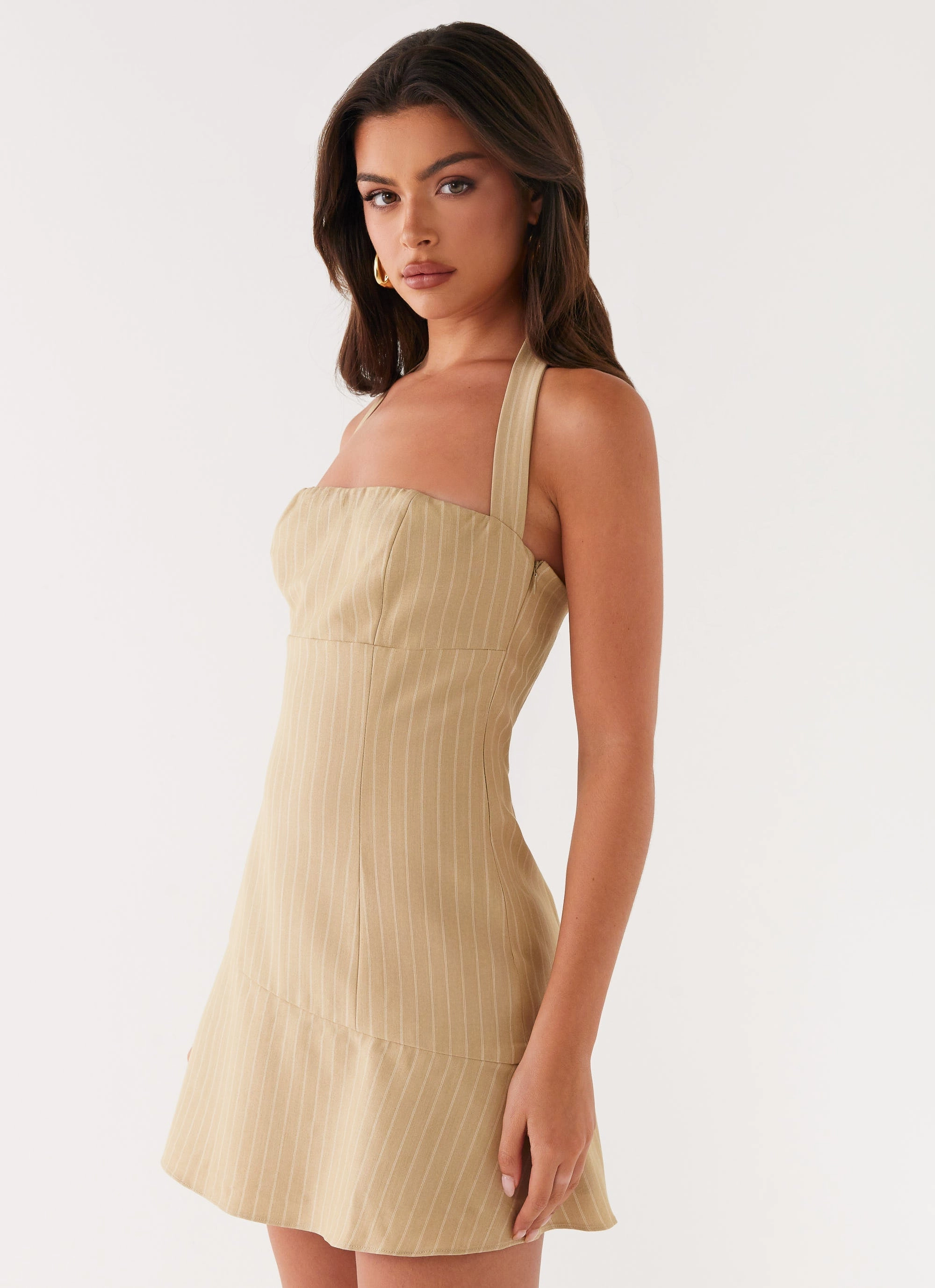 Erica Mini Dress - Beige Stripe Tie-Detail