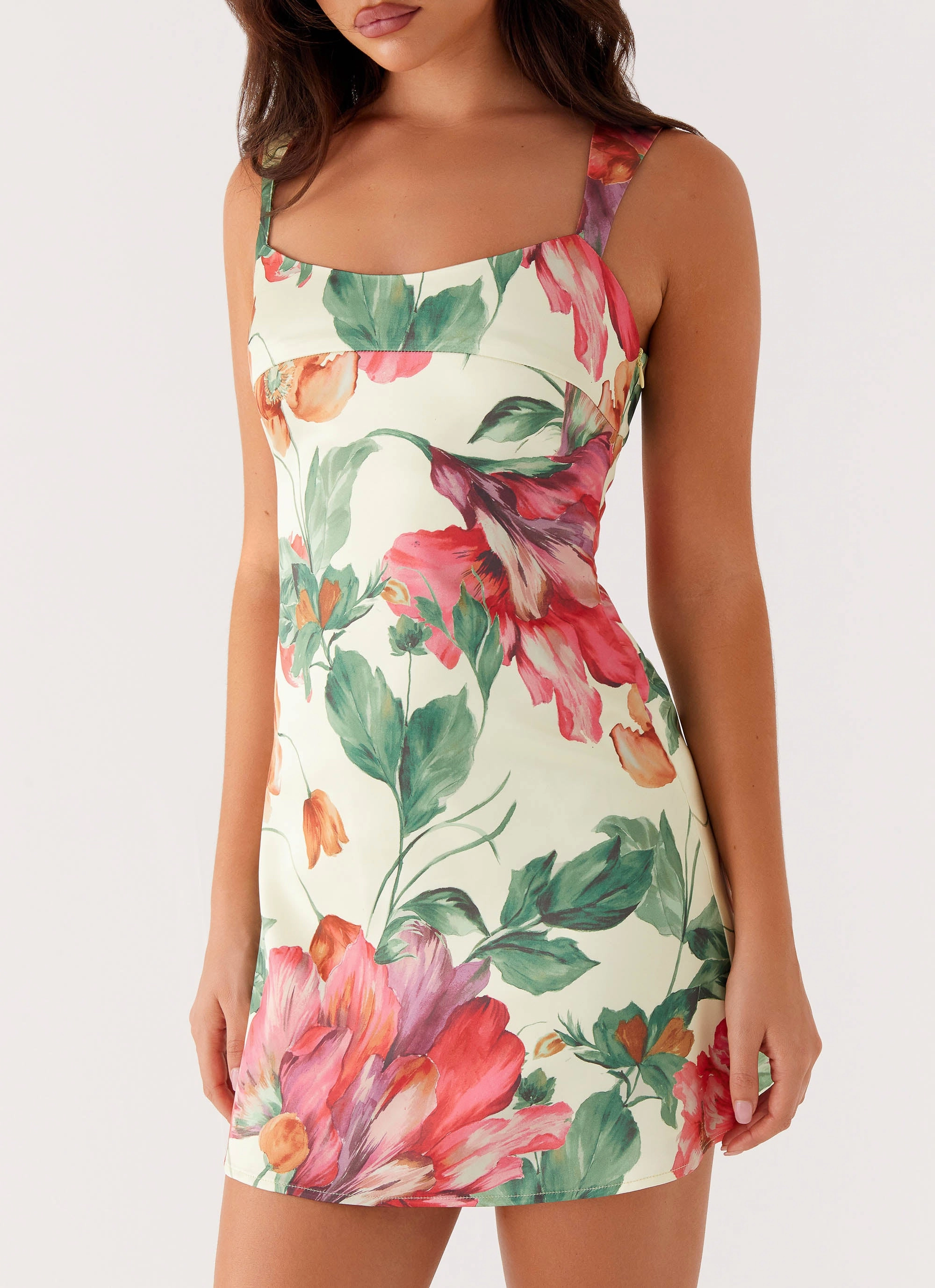 Odette Satin Mini Dress - Yellow Floral Feminine Charm